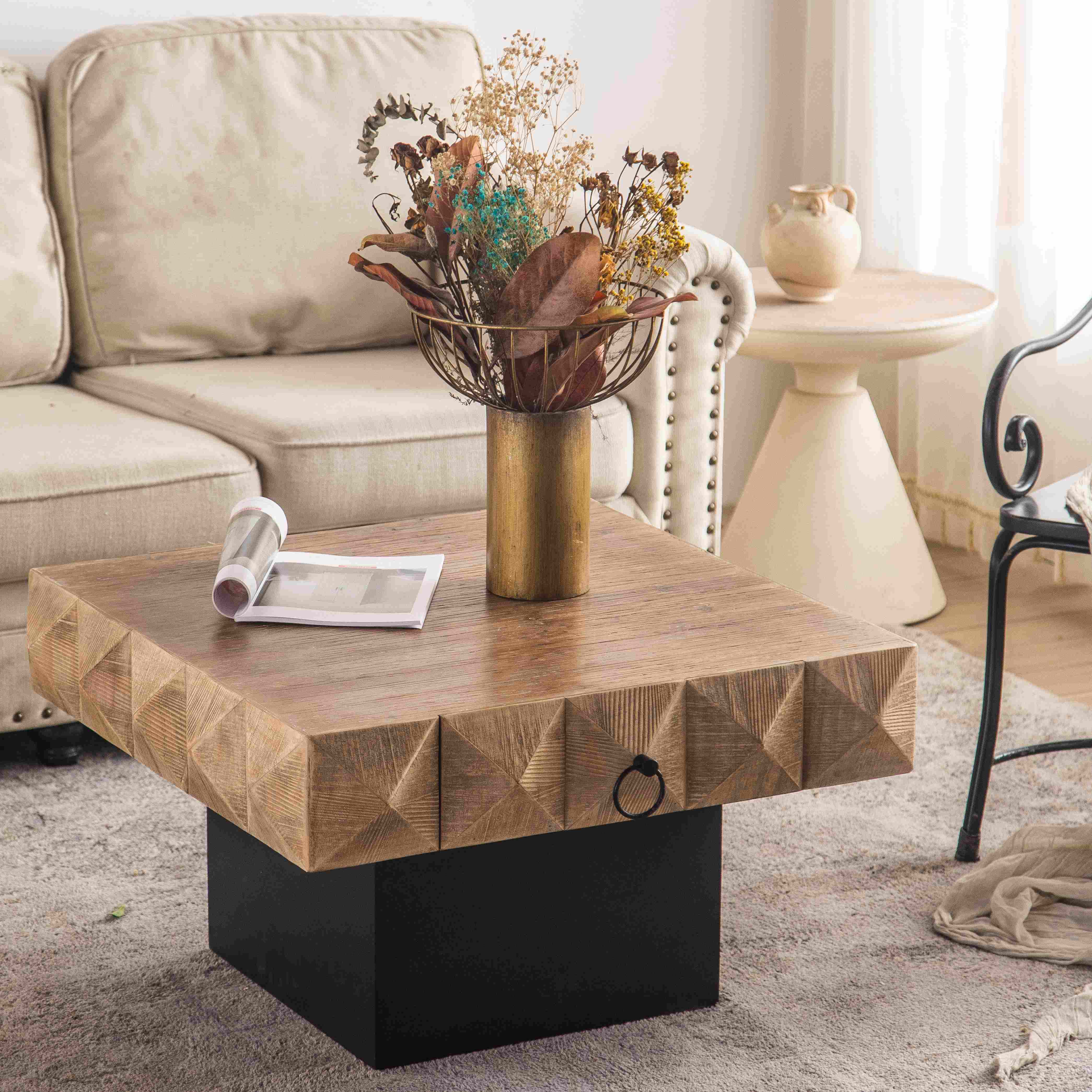 32.28 Square Retro Coffee Table with 2 Drawers, 3-Dimensional Embossed Pattern, 32.28 x 32.28 x 18.3, for Living Room, Natural | Aosom.com