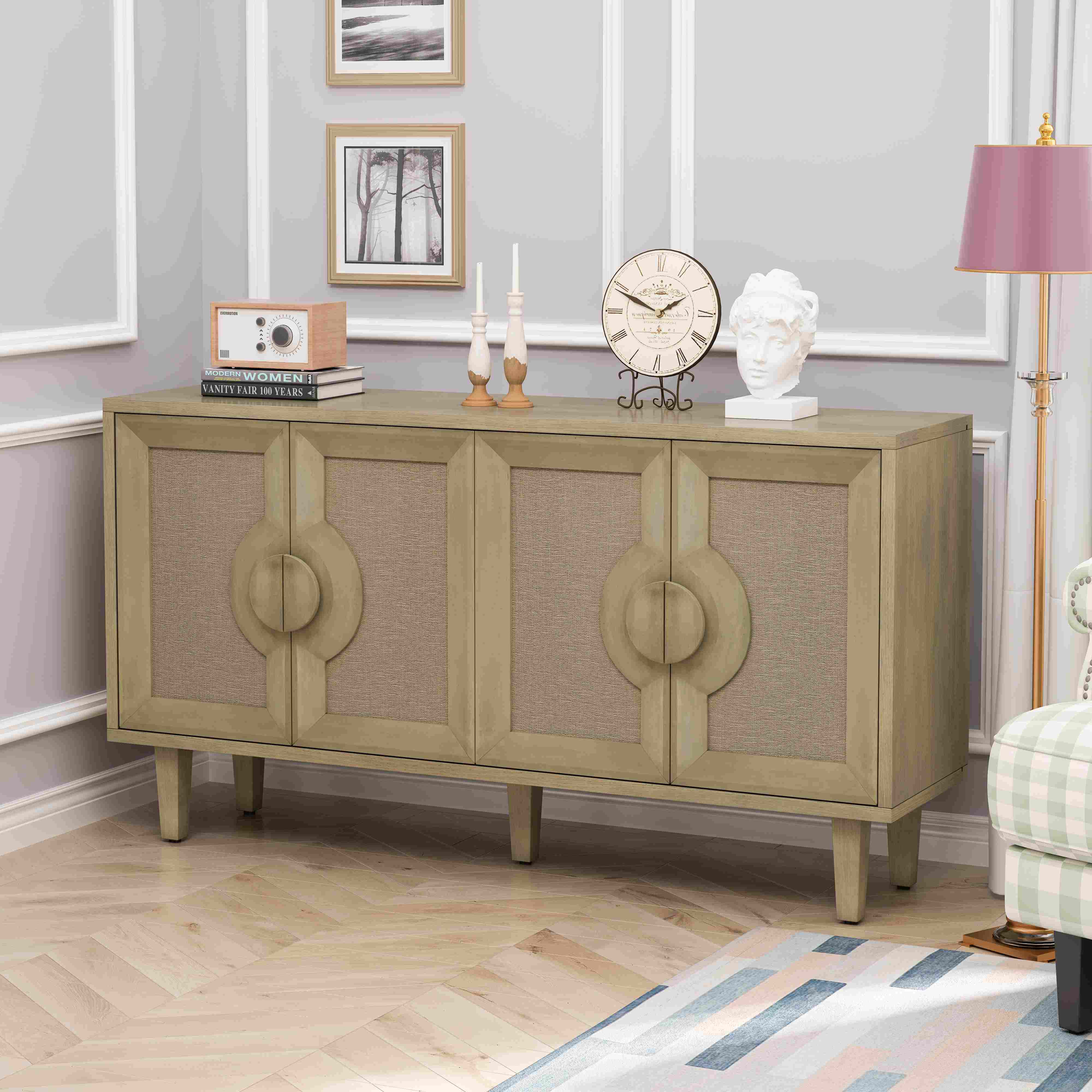 Elegant Vintage 4-Door Cabinet with Linen Decorated Doors, Adjustable Shelves, and Half-Moon Handles, Easy Assembly, Natural | Aosom.com