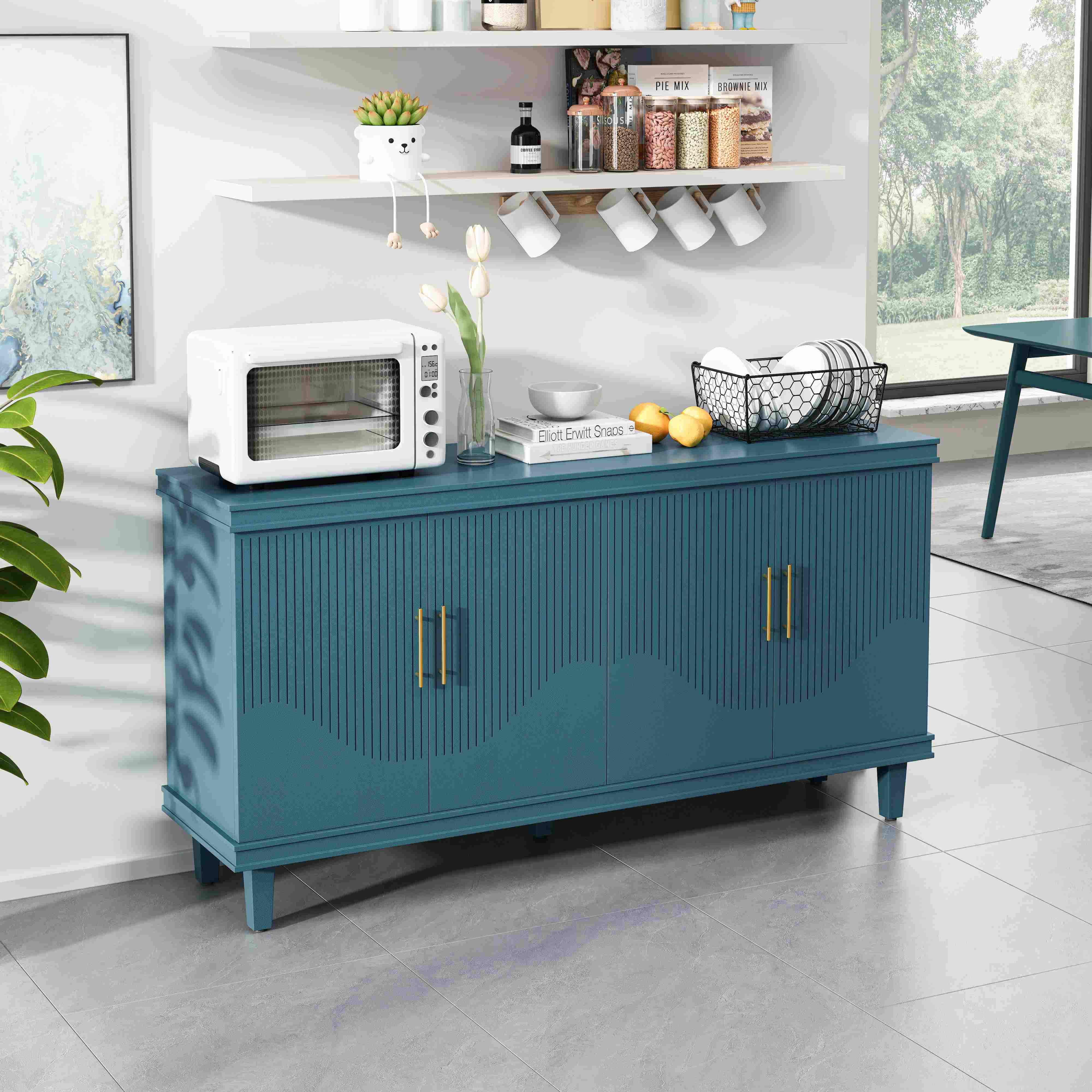 59.84&#039;&#039; Large 4-Door Cabinet with Solid Wood, Adjustable Shelves, 330 lbs Top Surface Capacity, 59.84&#039;&#039;L x 15.75&#039;&#039;W x 32.28&#039;&#039;H, Blue | Aosom.com