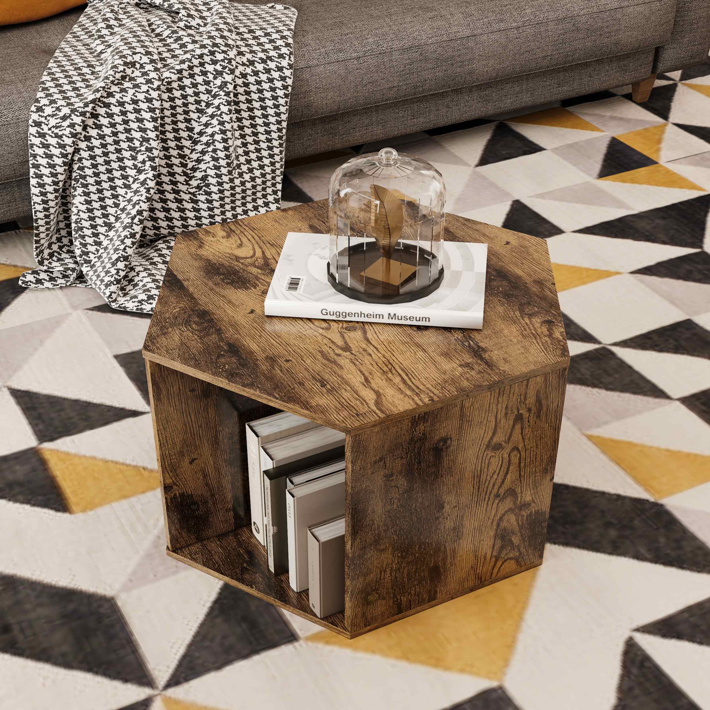 Hexagonal Coffee Table Side Table Nightstand with Multiple Layouts, Antique Wood, 23.62'' x 23.62'' x 15.74'', Antique brown | Aosom.com 2
