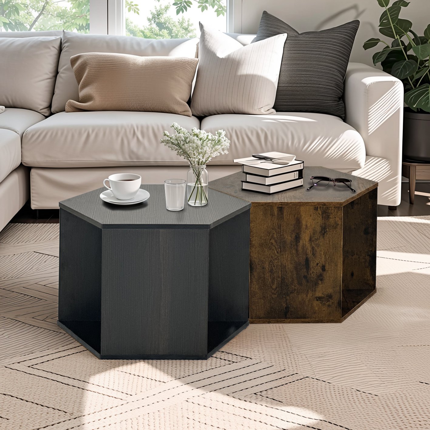 Hexagonal Coffee Table Side Table Nightstand with Multiple Layouts, Antique Wood, 23.62'' x 23.62'' x 15.74'', Antique brown | Aosom.com 4