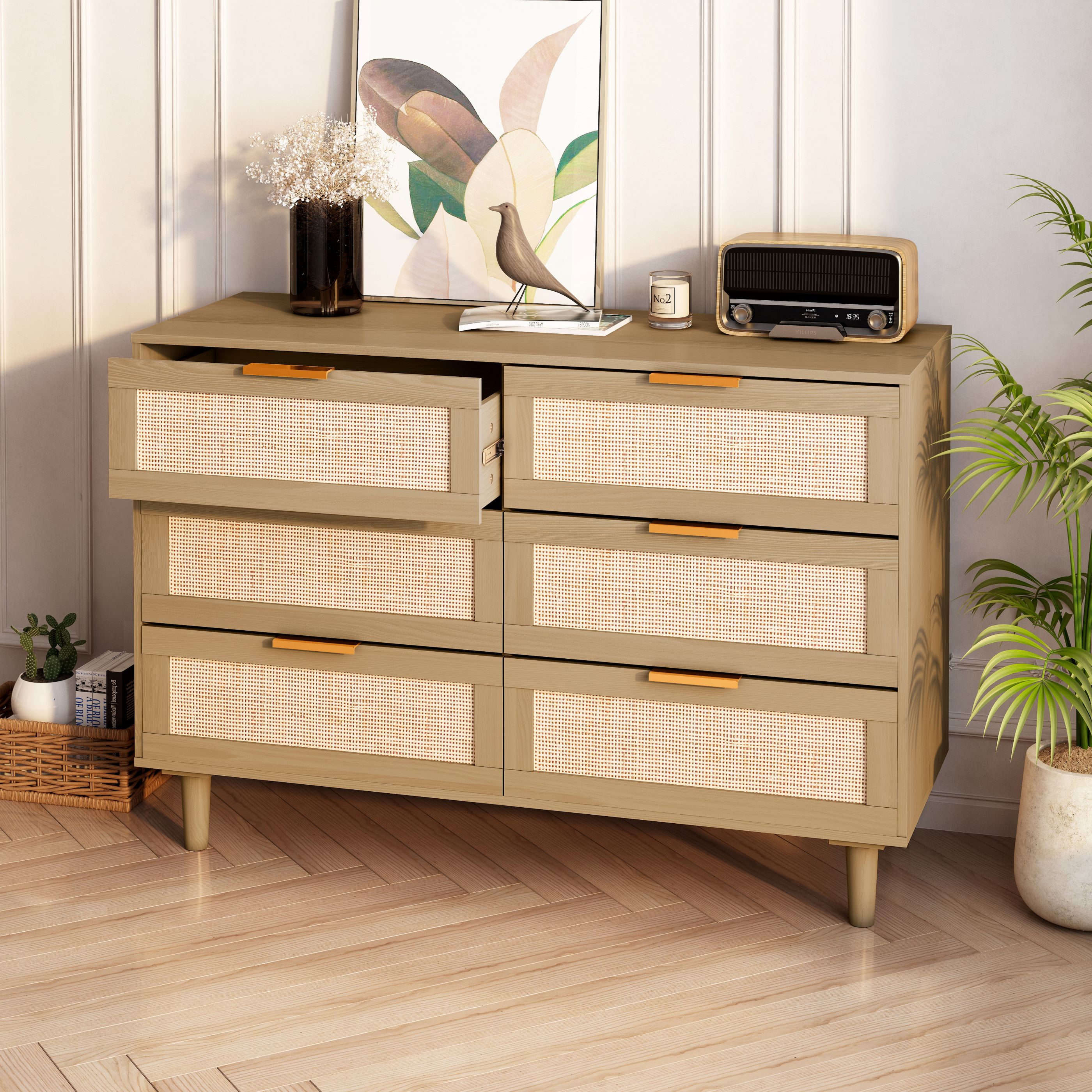 Wood 6-Drawer Dresser with Ample Storage and Gold Handles, Boho Style Living Room Dresser with Smooth Guide Rails, Multi-Purpose Use, Oak | Aosom.com