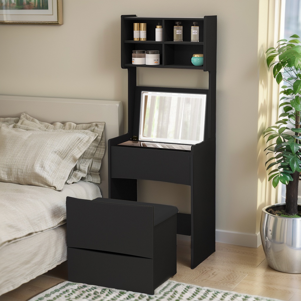 Modern Vanity Dresser with LED Light Mirror, Storage Space, Removable Upholstered Stool, 3 Lighting Modes Flip Table for Bedroom, Black | Aosom.com