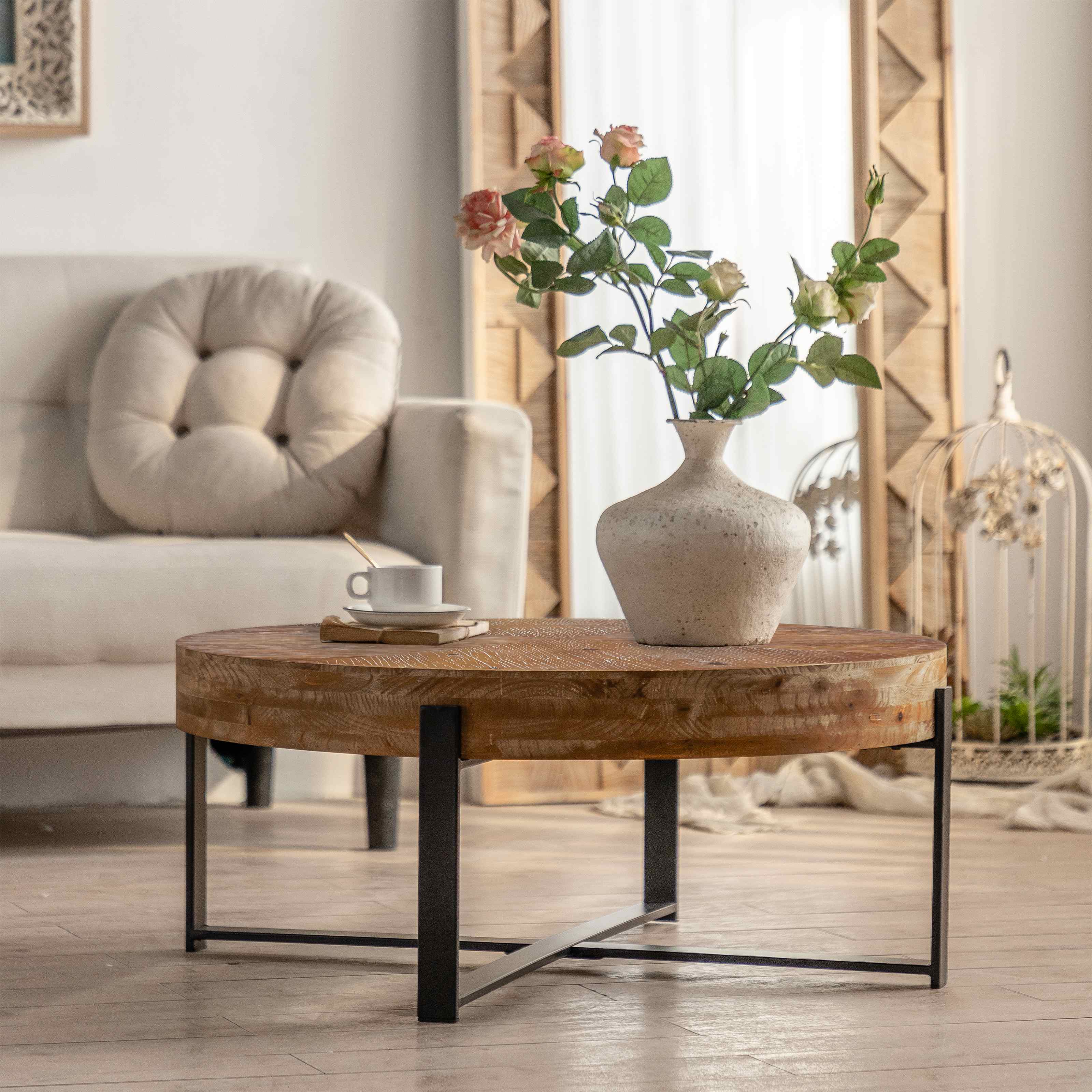 Modern Round Coffee Table with Black Cross Legs Base, Fir Wood Table Top, Side Table for Living Room, Easy Assembly and Maintenance, Black | Aosom.com