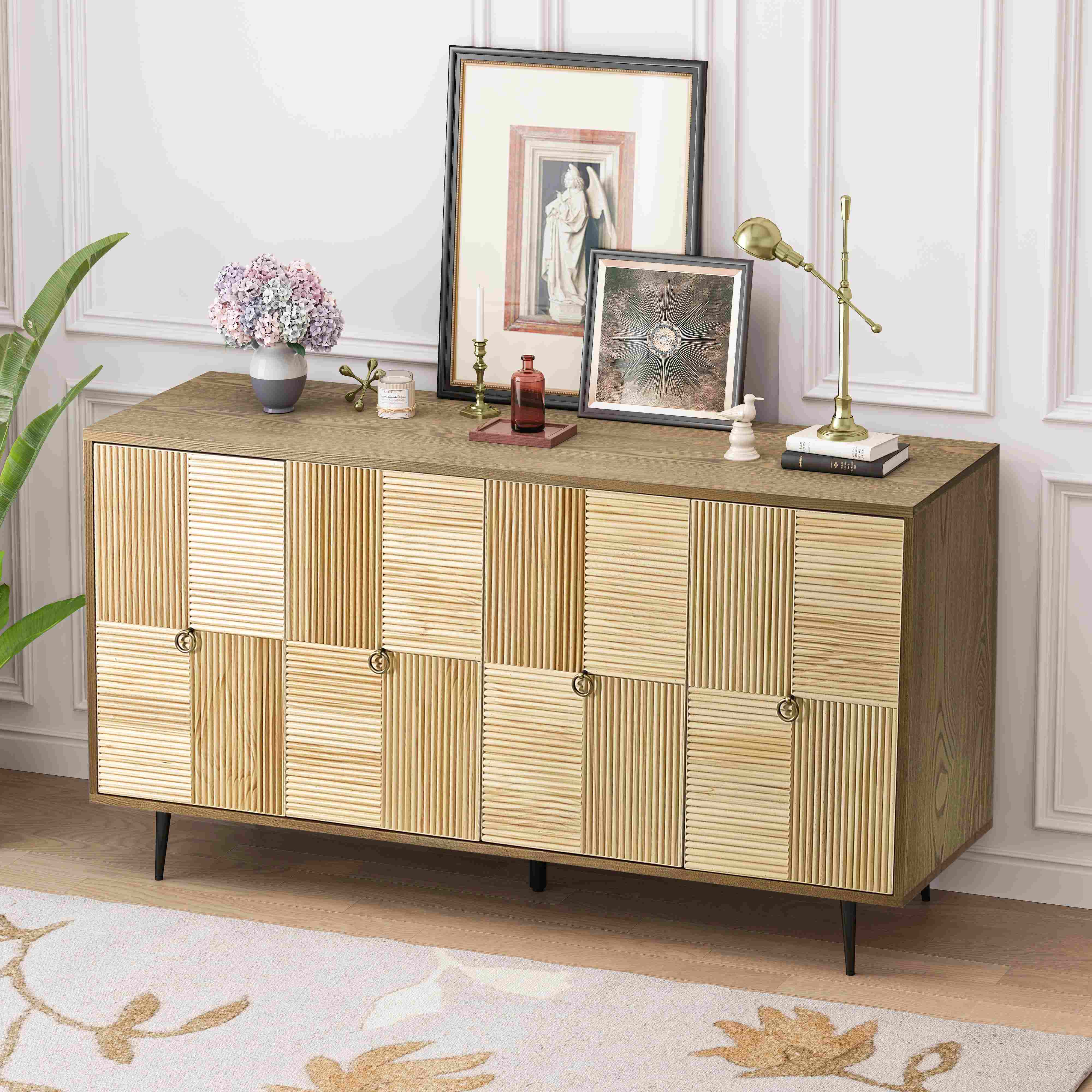 Elegant Vintage 4-Door Cabinet with Carved Pine Panels, Light Reflection Effect, Versatile Storage, and Easy Assembly, Brown | Aosom.com
