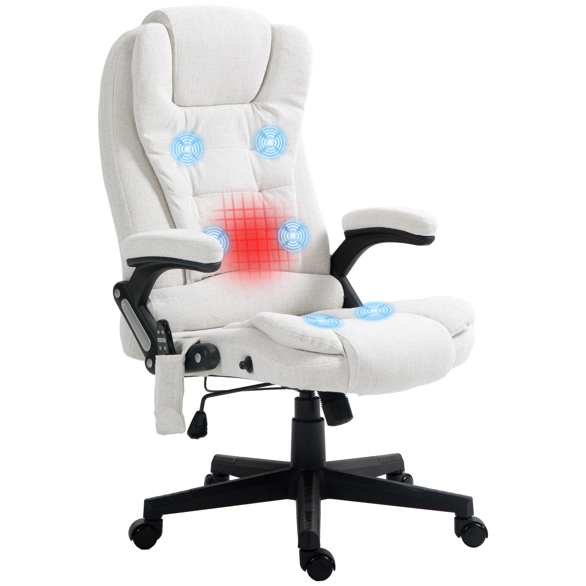 HOMCOM Linen Massage Office Chair with Heat, Reclining High Back, Padded Armrests, Remote, Cream White | Aosom.com