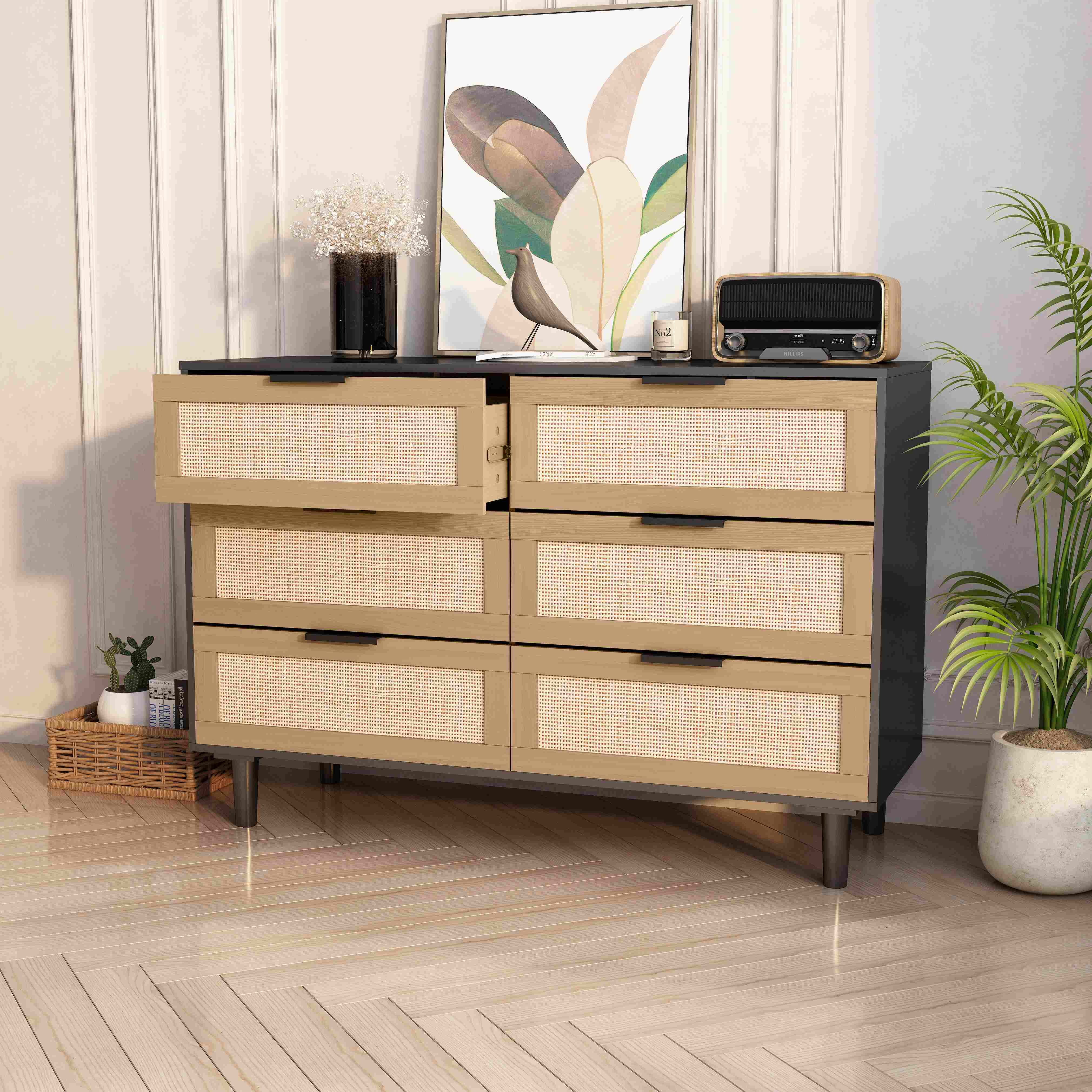 6-Drawer Rattan Dresser with Ample Storage, Modern Natural Rattan Design, Boho Style, High-Quality Chipboard, Smooth Guide Rails, Black | Aosom.com