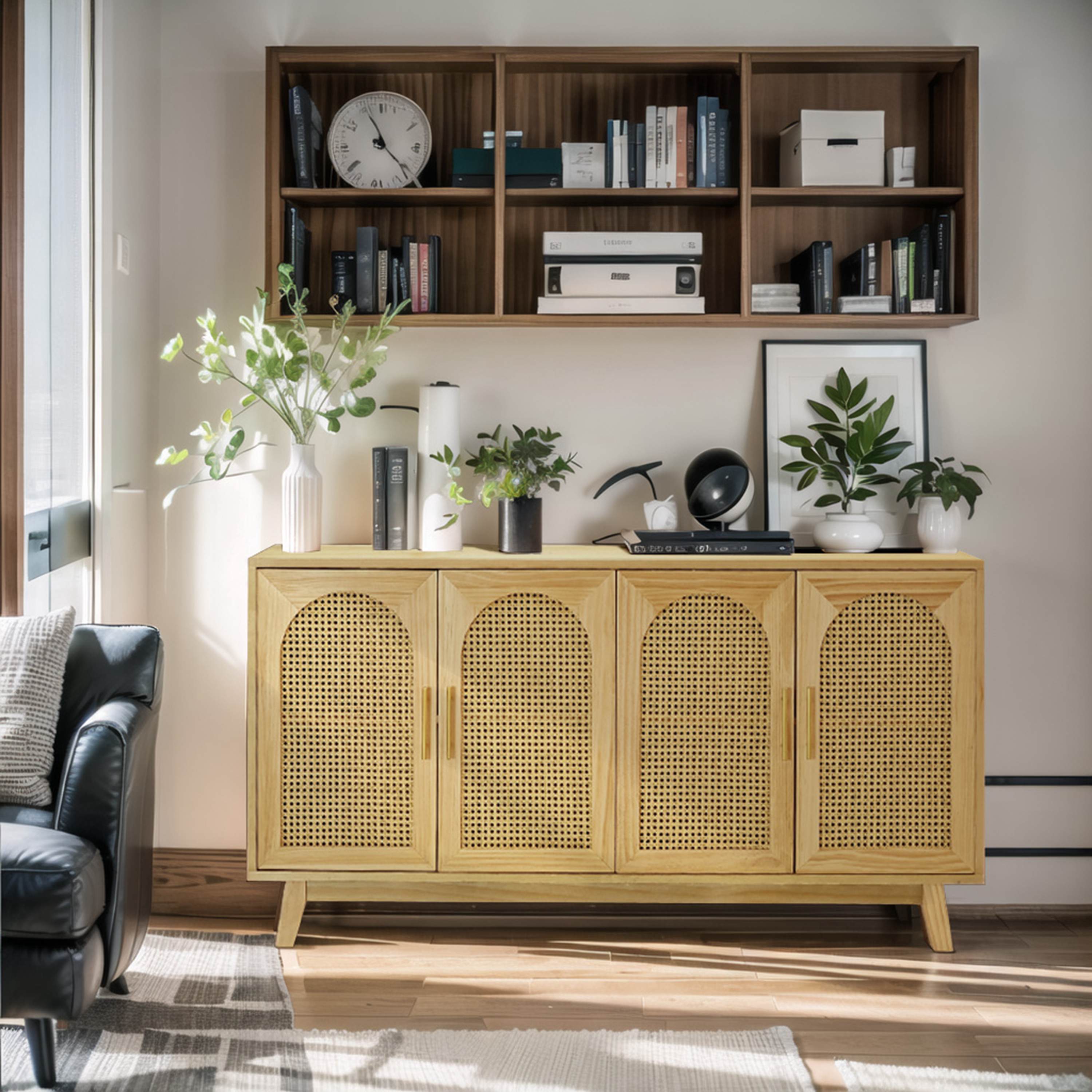 Modern Rattan Storage Cabinet with 4-Door, Dining Room Storage Cabinet with Ample Storage, Versatile Use, for Hallway, Living Room, Natural| Aosom.com