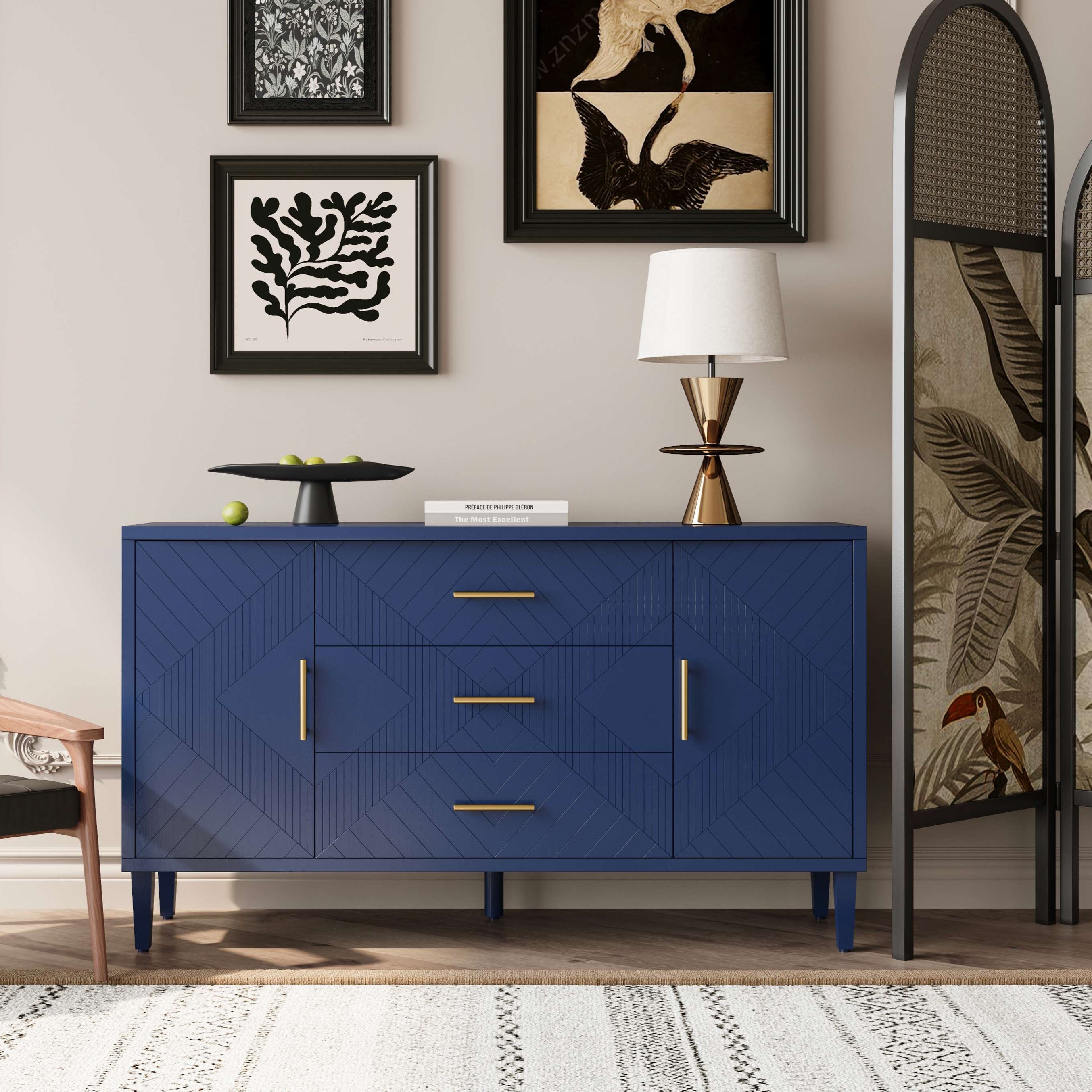 2-Door Stylish Storage Cabinet with Carved Effect, 3 Drawers, Adjustable Shelves, Modern Sideboard for Hallway, Living Room, Navy Blue | Aosom.com