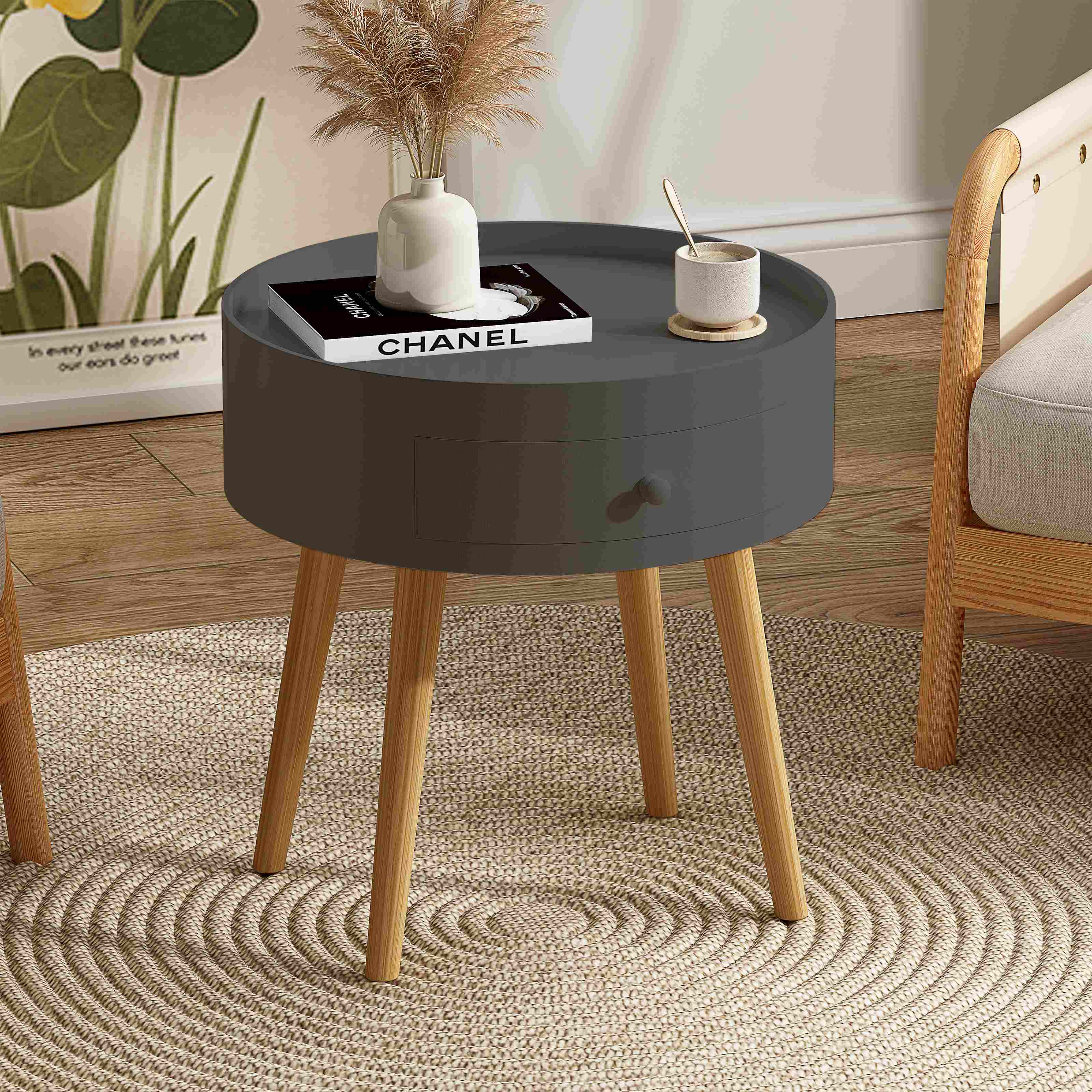 Modern Coffee Table with Drawer and Oak Legs, Bedside Table, Sofa Side Table, Versatile Use for Living Room and Bedroom, Gray | Aosom.com