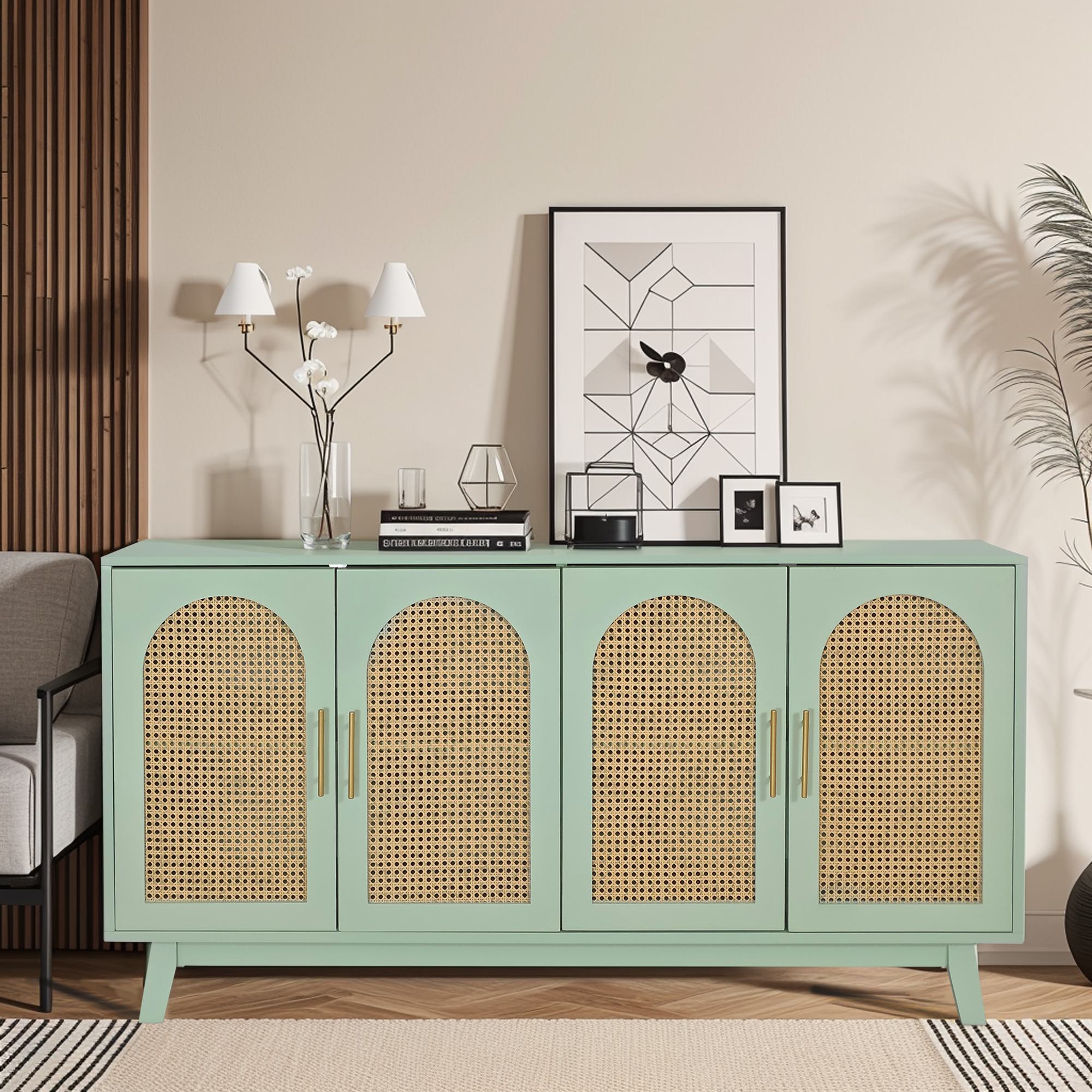 Rattan Storage Cabinet with 4 Decorative Doors, Solid Wood Cabinet with Versatile Storage Spaces for Living Room, Dining Room, Mint Green | Aosom.com