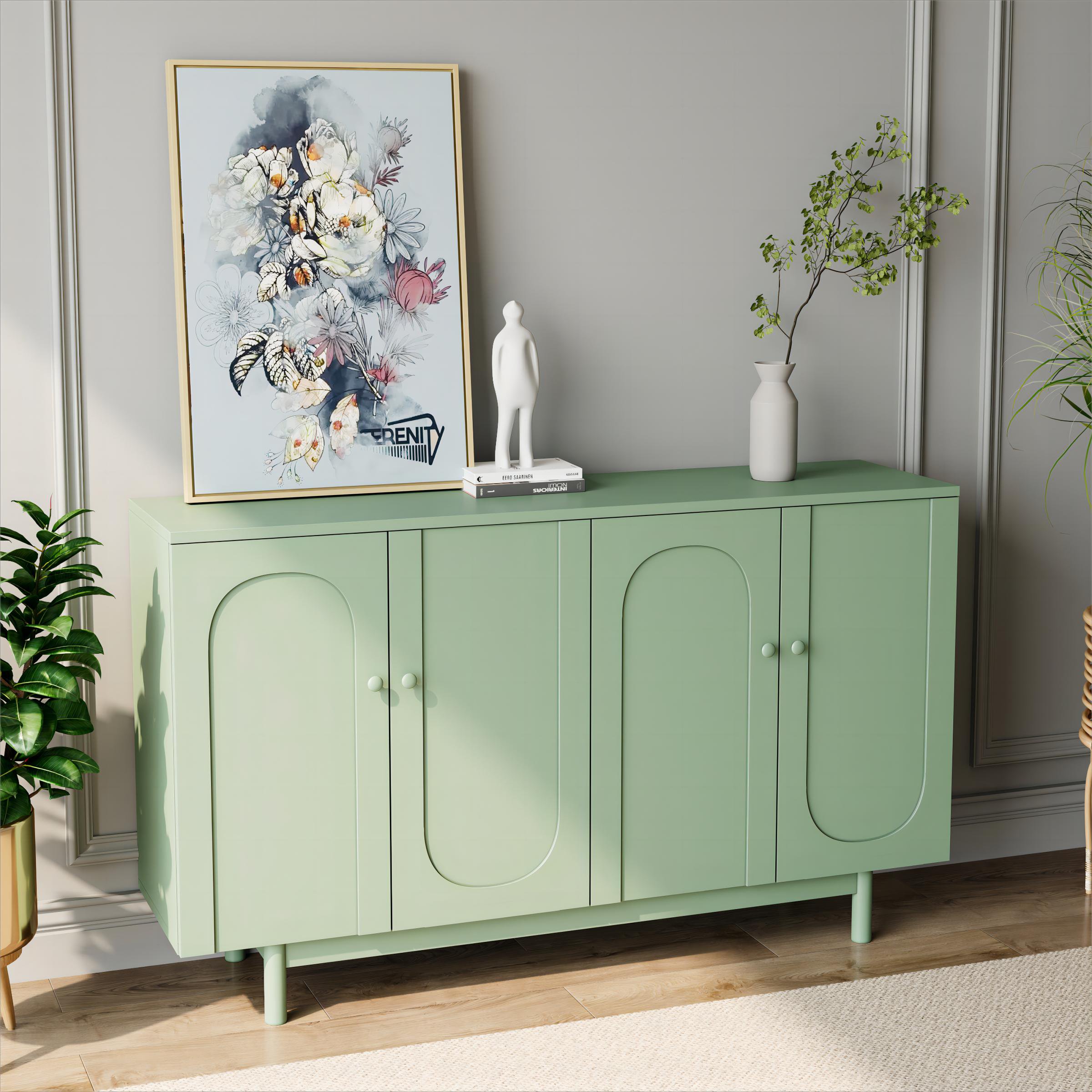 Stylish 4-Door Intaglio Storage Cabinet with Pine Legs, Solid Wood Pulls, Adjustable Shelves, 59.06L x 15.75W x 32.43H, Mint Green | Aosom.com