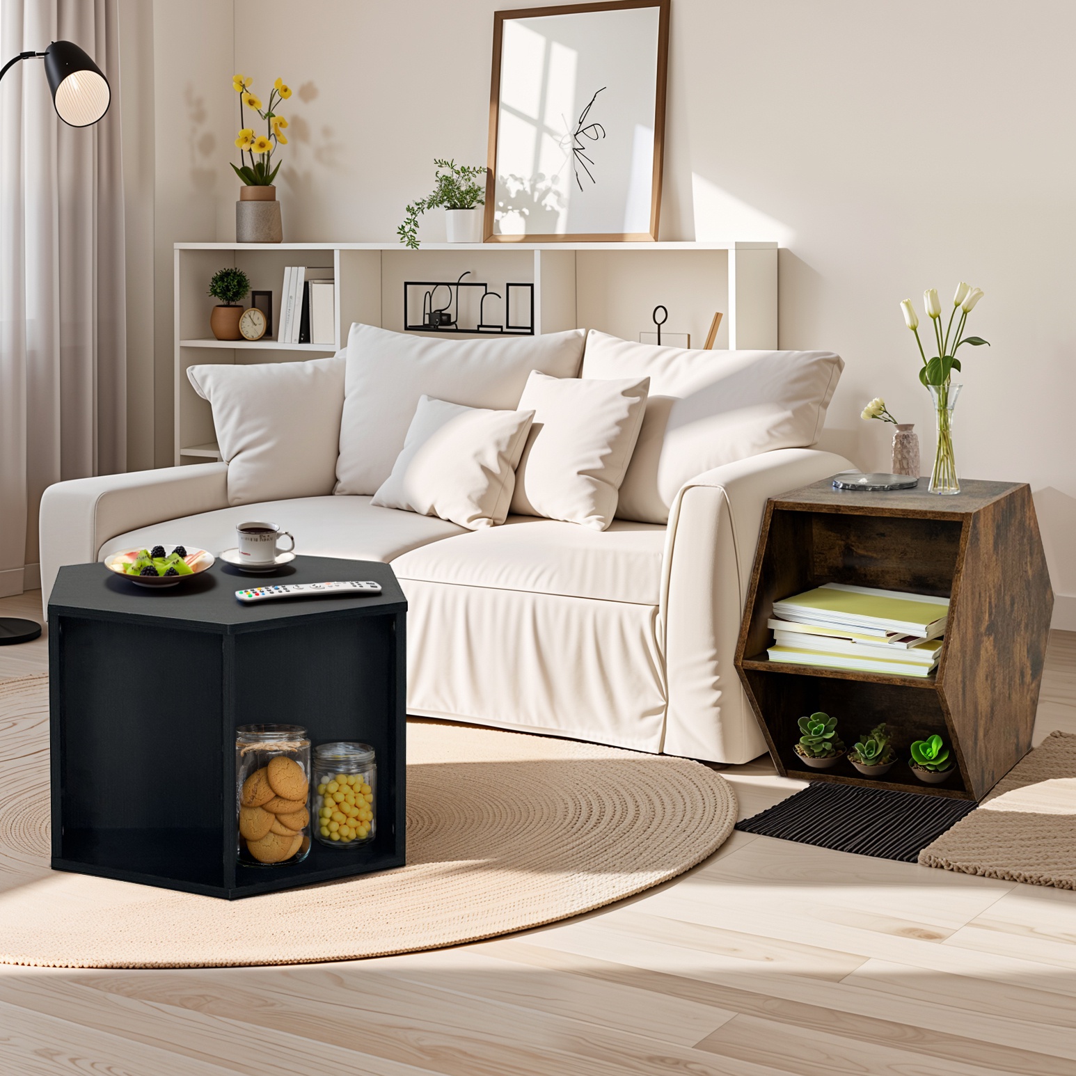 Hexagonal Coffee Table Side Table Nightstand with Multiple Layouts, Antique Wood, 23.62'' x 23.62'' x 15.74'', Antique brown | Aosom.com 3