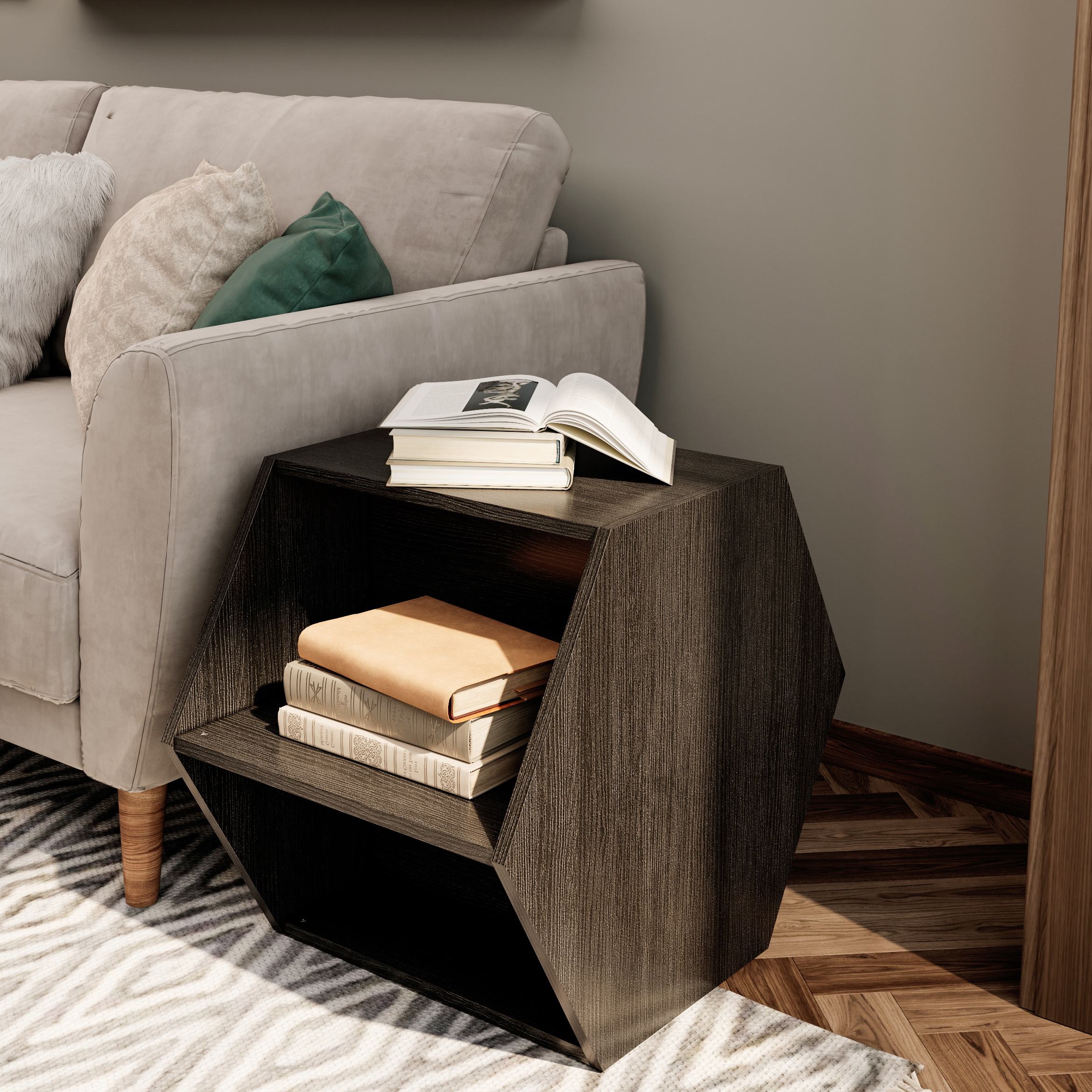 Hexagonal Coffee Table with Storage Shelves, Side Table Nightstand, Multi-Placement Design, Spacious Storage, Black Brown | Aosom.com 2