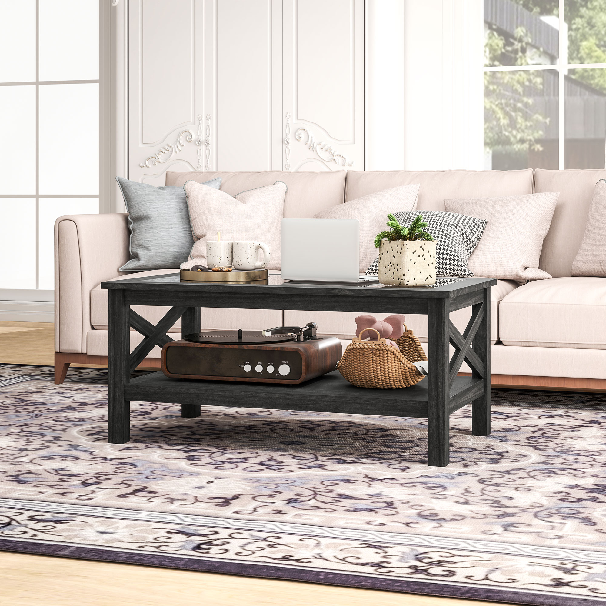 HOMCOM Coffee Table with Tempered Glass Tabletop, Living Room Table with Wood Frame and Underneath Storage Shelf, Black 7