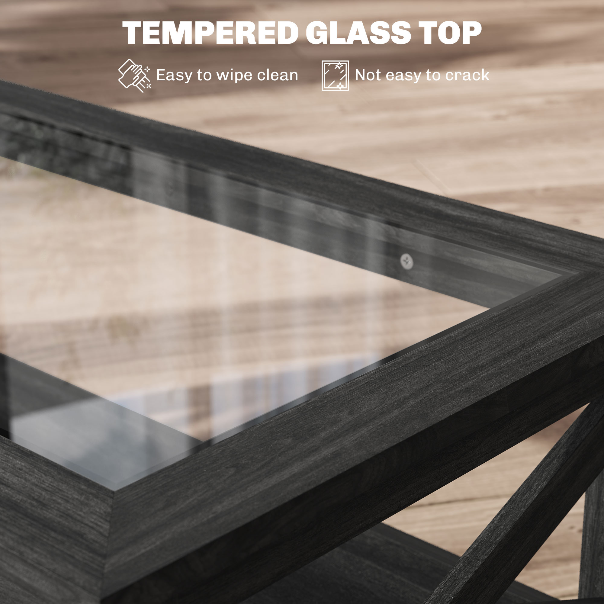 HOMCOM Coffee Table with Tempered Glass Tabletop, Living Room Table with Wood Frame and Underneath Storage Shelf, Black 2