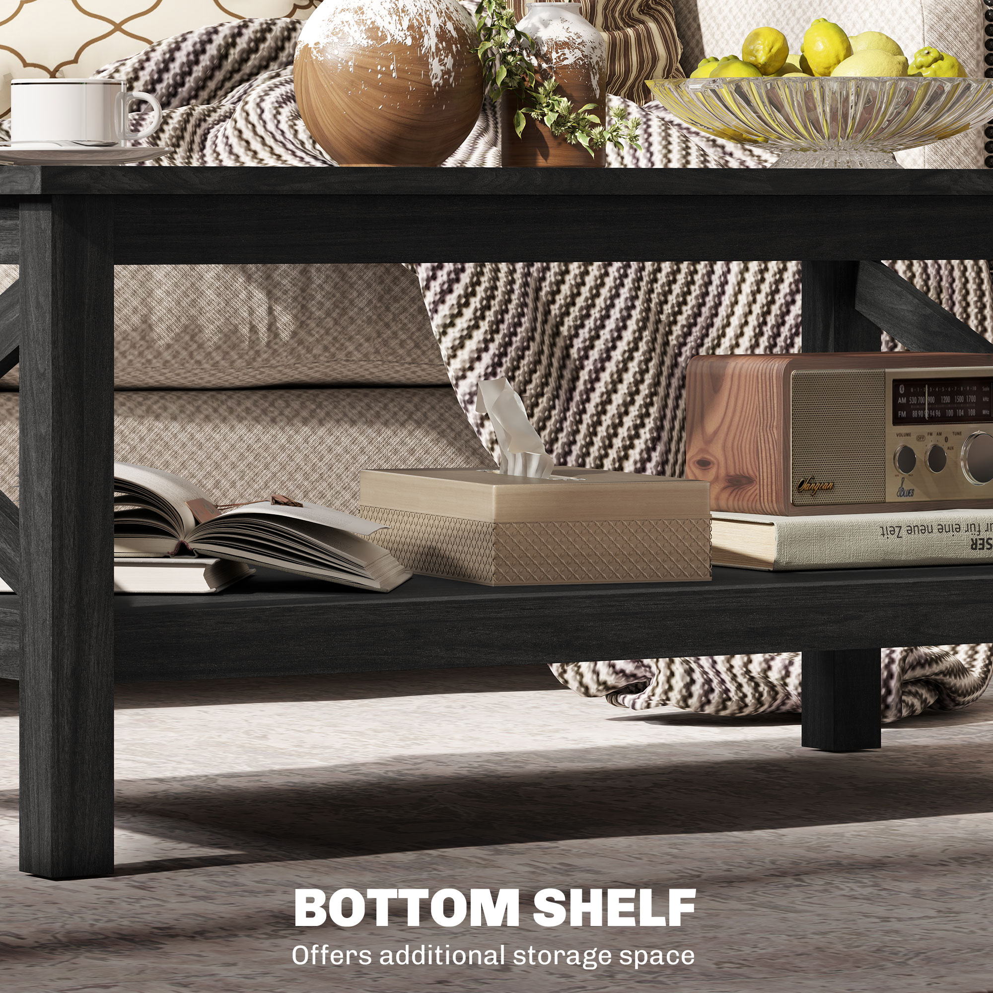 HOMCOM Coffee Table with Tempered Glass Tabletop, Living Room Table with Wood Frame and Underneath Storage Shelf, Black 4