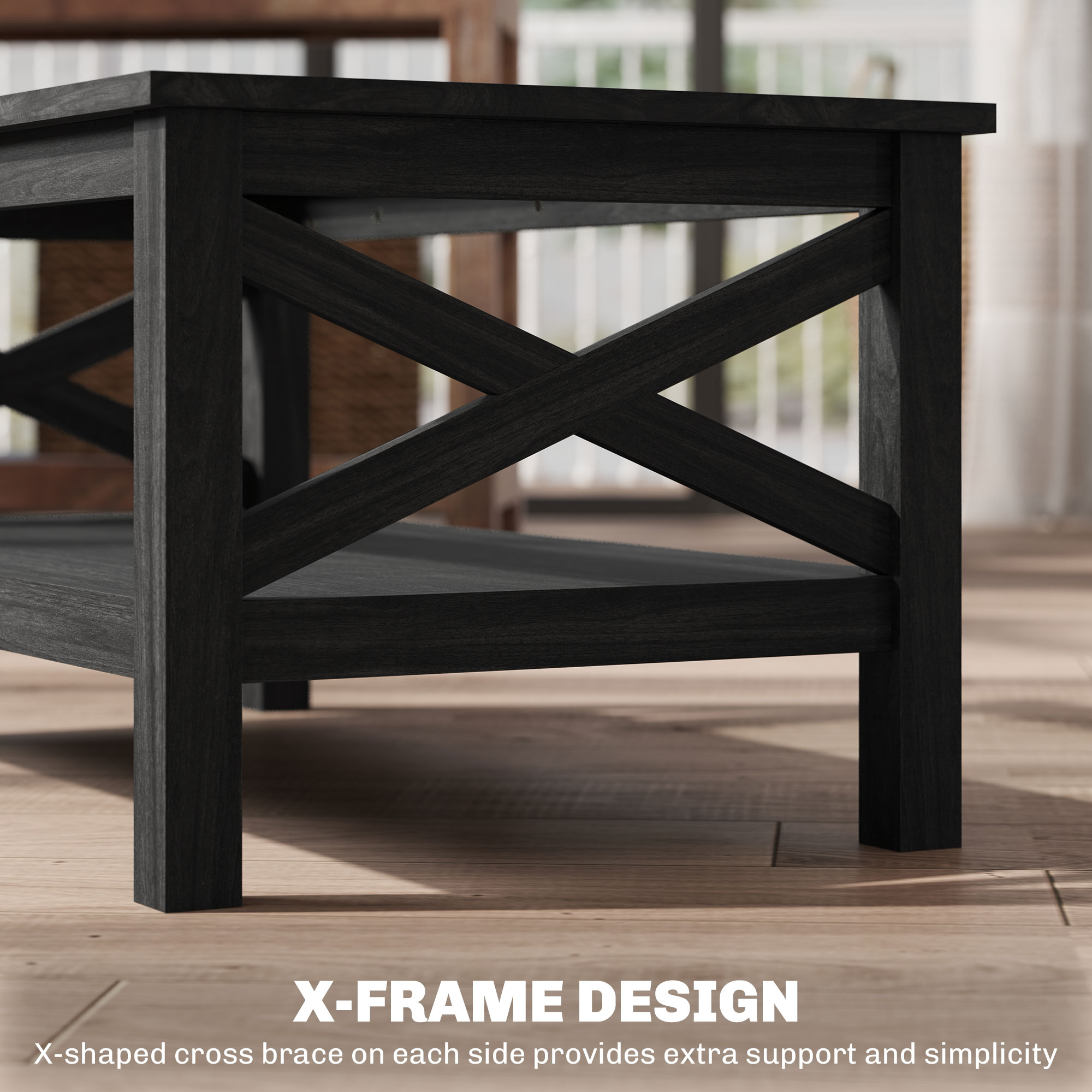 HOMCOM Coffee Table with Tempered Glass Tabletop, Living Room Table with Wood Frame and Underneath Storage Shelf, Black 3