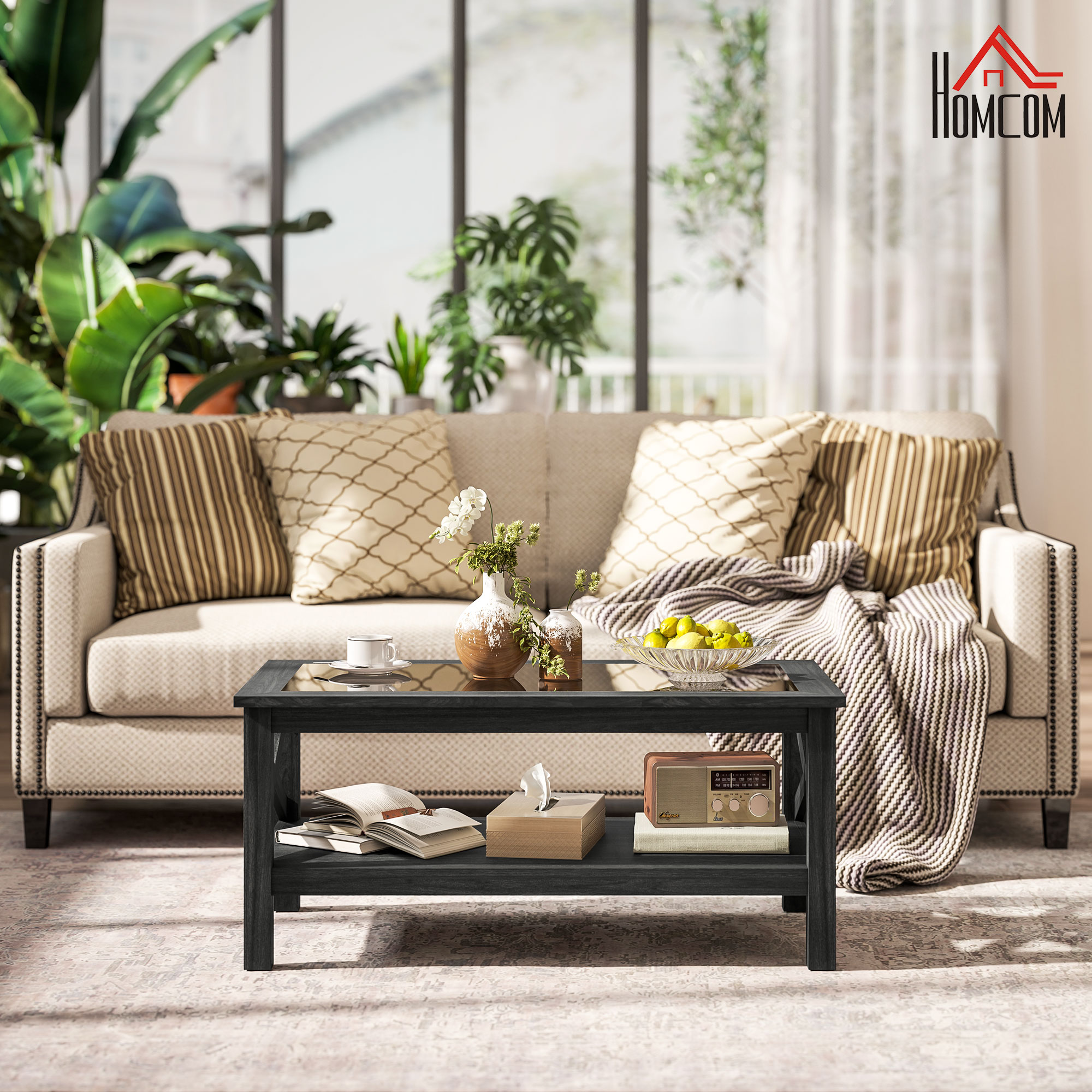 HOMCOM Coffee Table with Tempered Glass Tabletop, Living Room Table with Wood Frame and Underneath Storage Shelf, Black 0