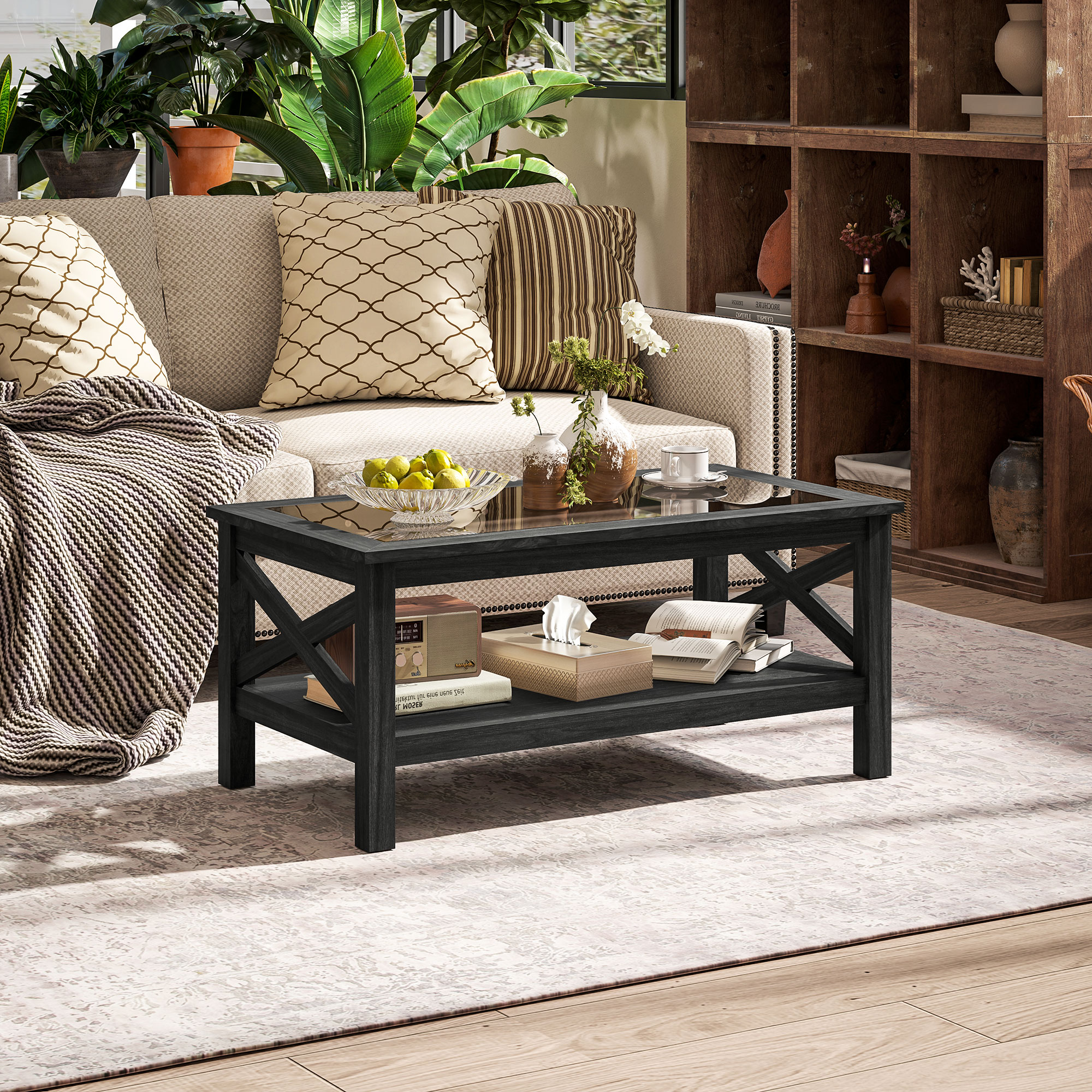 HOMCOM Coffee Table with Tempered Glass Tabletop, Living Room Table with Wood Frame and Underneath Storage Shelf, Black 5
