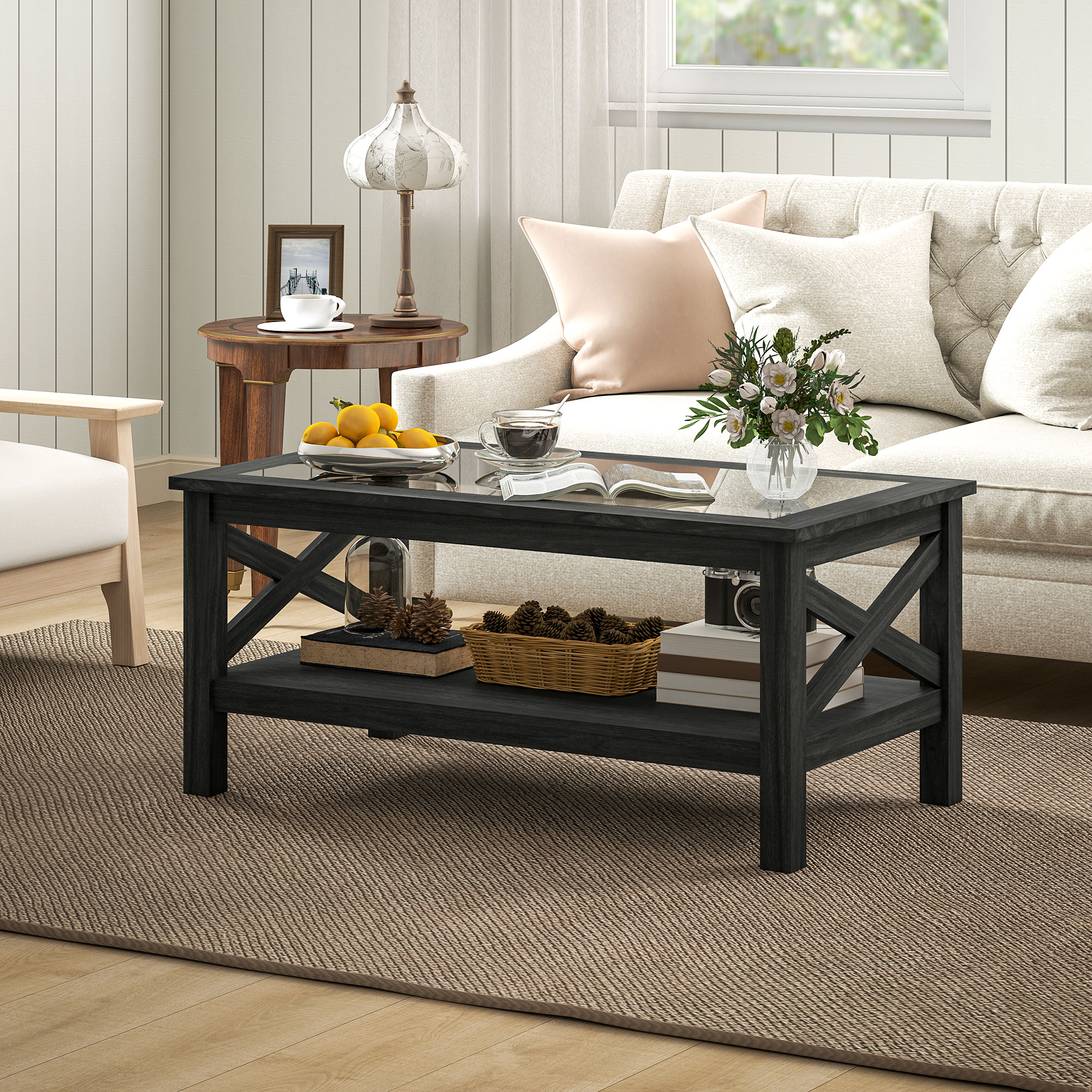 HOMCOM Coffee Table with Tempered Glass Tabletop, Living Room Table with Wood Frame and Underneath Storage Shelf, Black 6