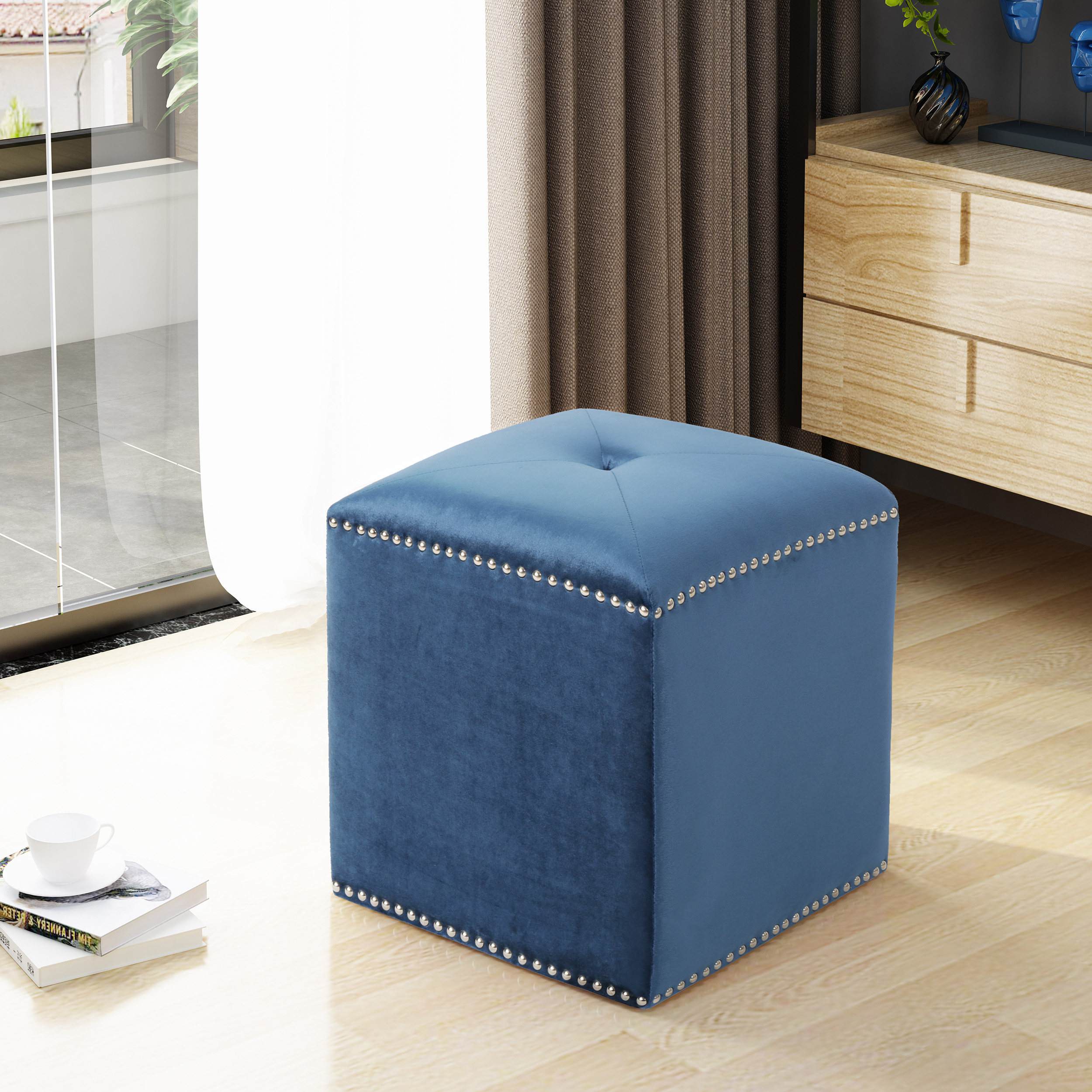 Button Tufted Square Fabric Ottoman with Cushioned Top, Sturdy Frame, and Space-Saving Design, 16.5 L x 16.5 W x 17 H, Dark Blue | Aosom.com