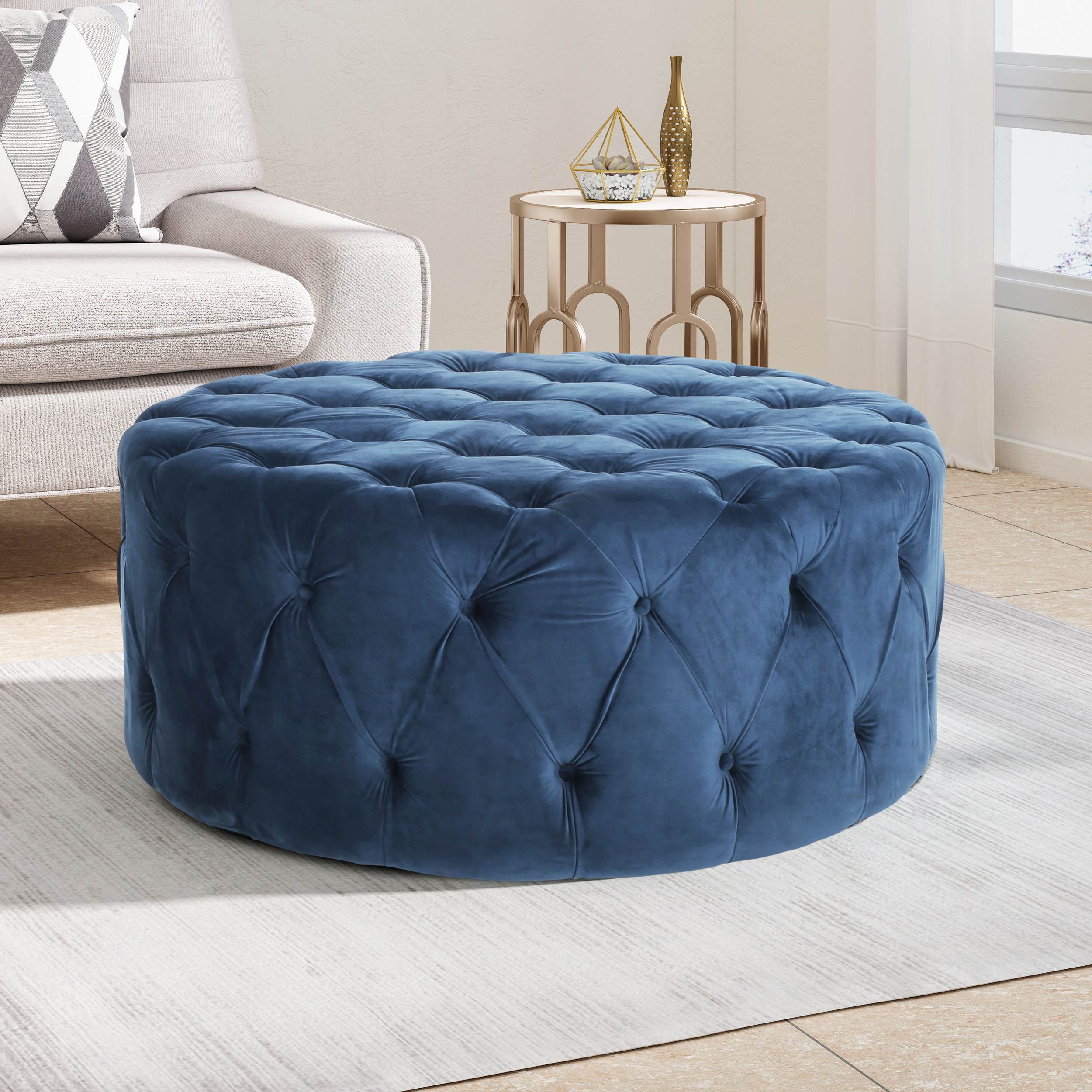 Modern Glam Round Tufted Velvet Ottoman with Cushioned Top, Sturdy Frame, and Space-Saving Design, 40 L x 40 W x 17.5 H, Blue | Aosom.com