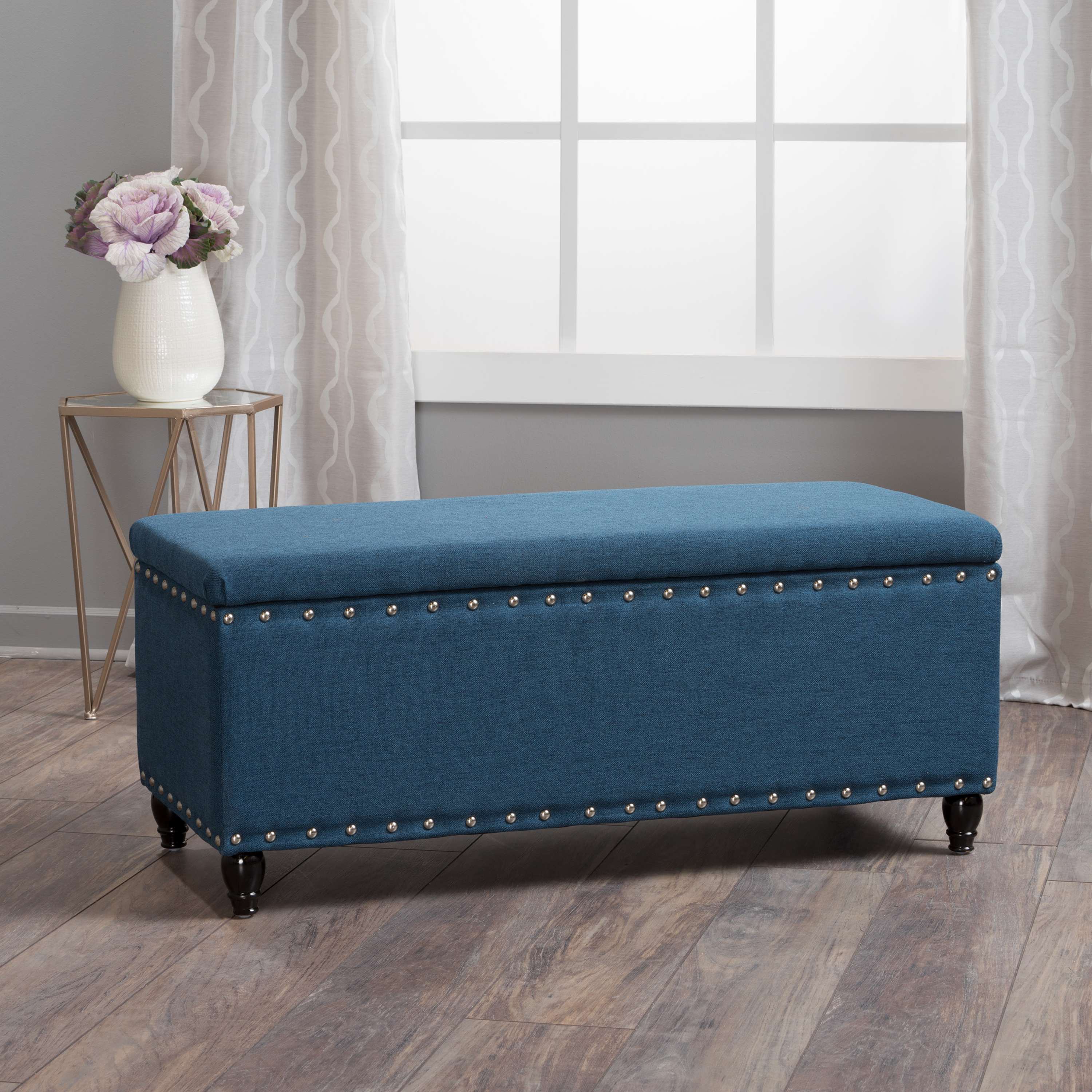 Fabric Storage Ottoman Bench with Solid Wood Construction, Versatile Seating and Storage, Footrest, 42 L x 18.25 W x 18.25 H, Navy Blue | Aosom.com