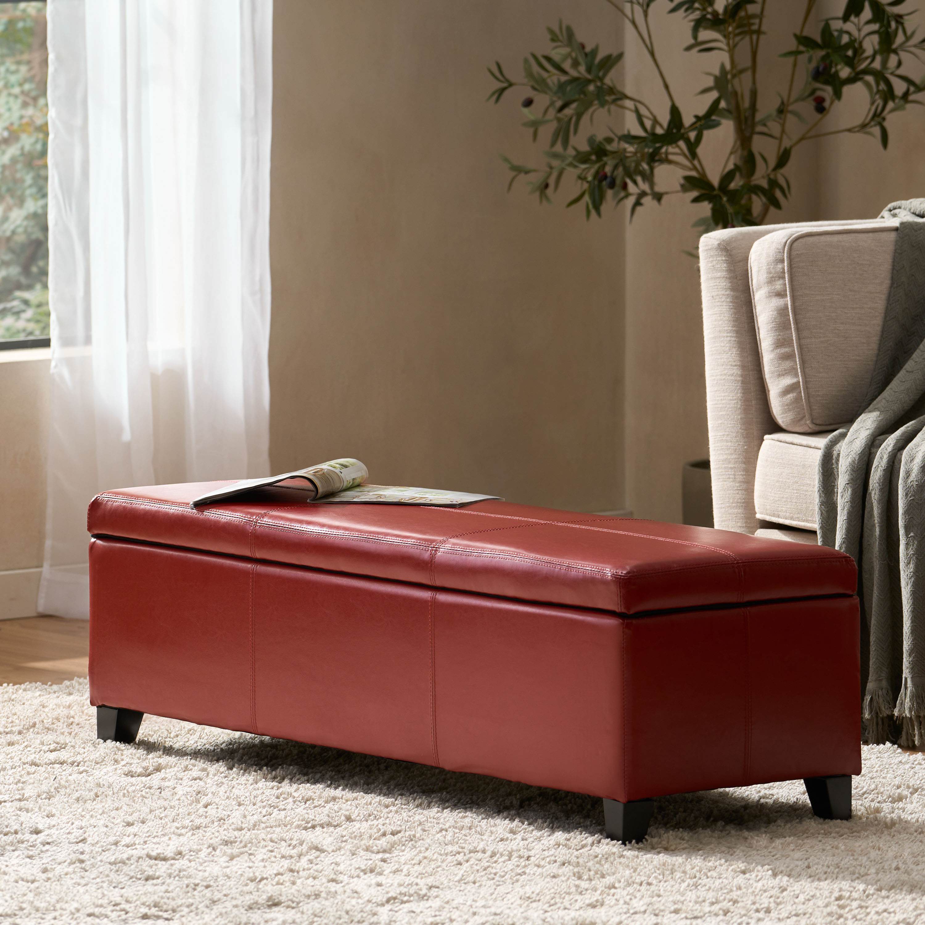 Storage Ottoman with Contemporary Design, Upholstered Seating, Versatile Storage Bench, Footrest, 51.25 L x 17.5 W x 16.25 H, Red | Aosom.com