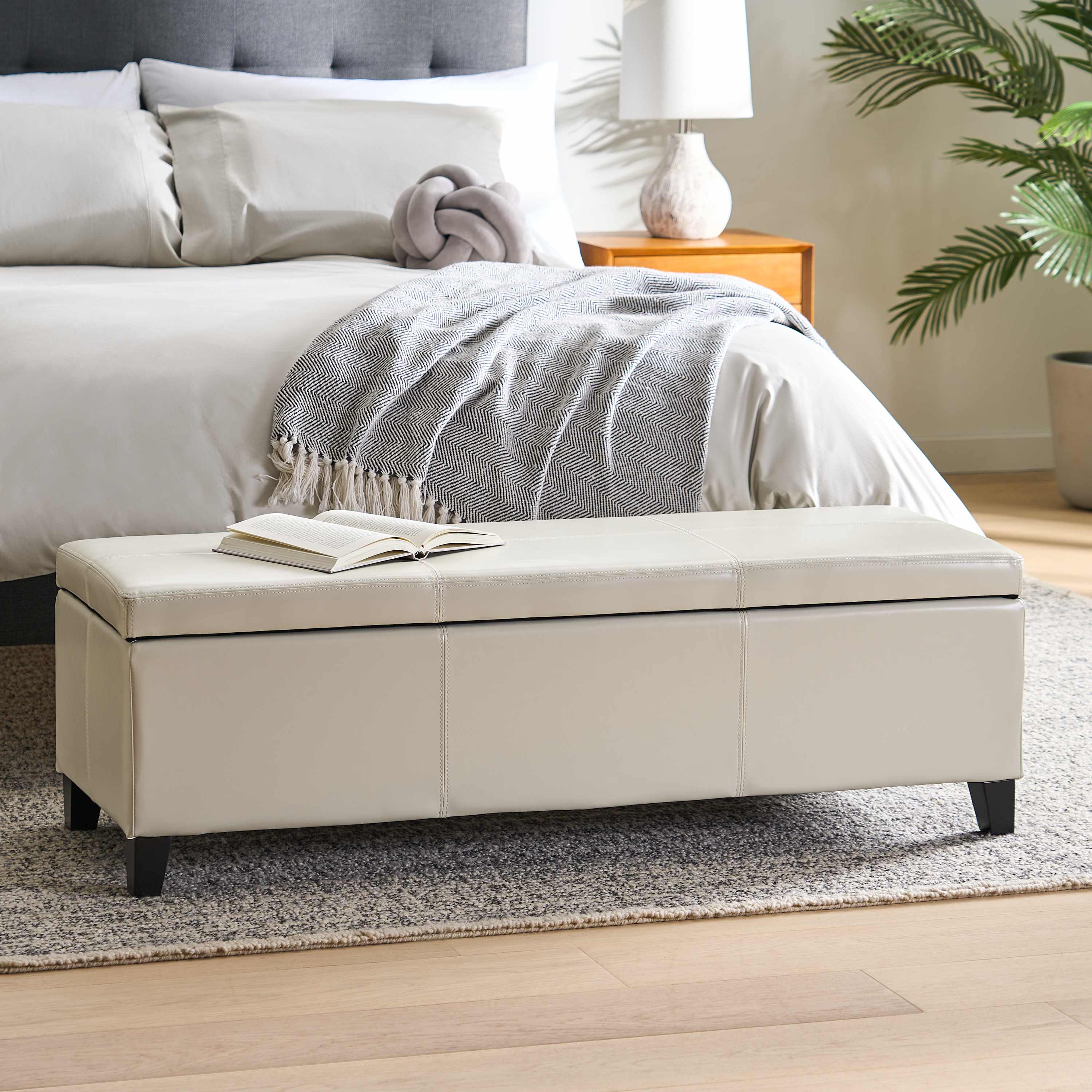Storage Ottoman with Contemporary Design, Upholstered Seating, Versatile Storage Bench, Footrest, 51.25 L x 17.5 W x 16.25 H, Ivory | Aosom.com