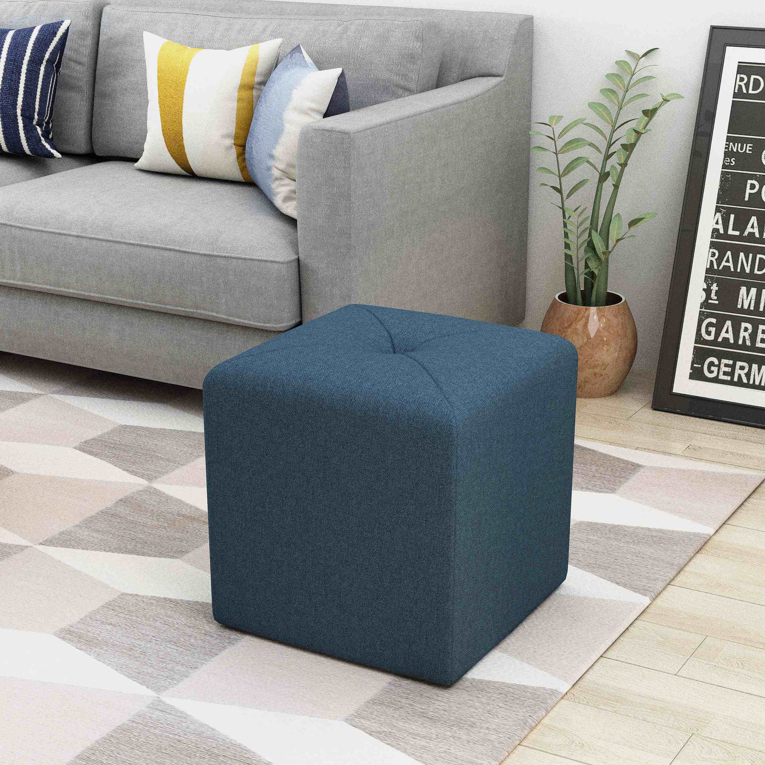 Button Tufted Square Fabric Ottoman with Cushioned Top, Sturdy Frame, and Space-Saving Design, 16.5 L x 16.5 W x 17.25 H, Navy Blue | Aosom.com