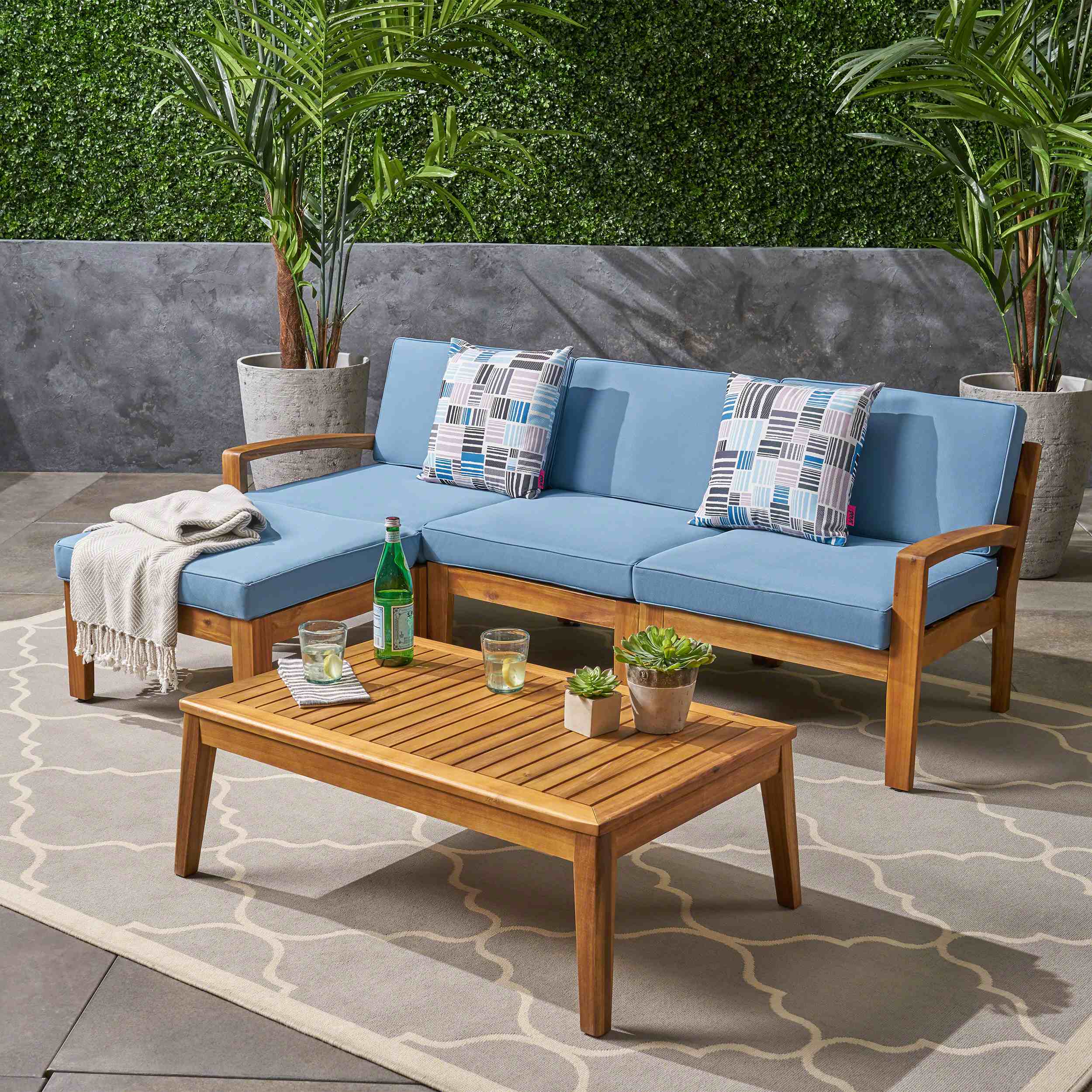 Transitional Stylish 5-Piece L-Shaped Patio Furniture Set with Water-Resistant Cushions, Slat Panel Design, Acacia Wood Frame, Blue | Aosom.com