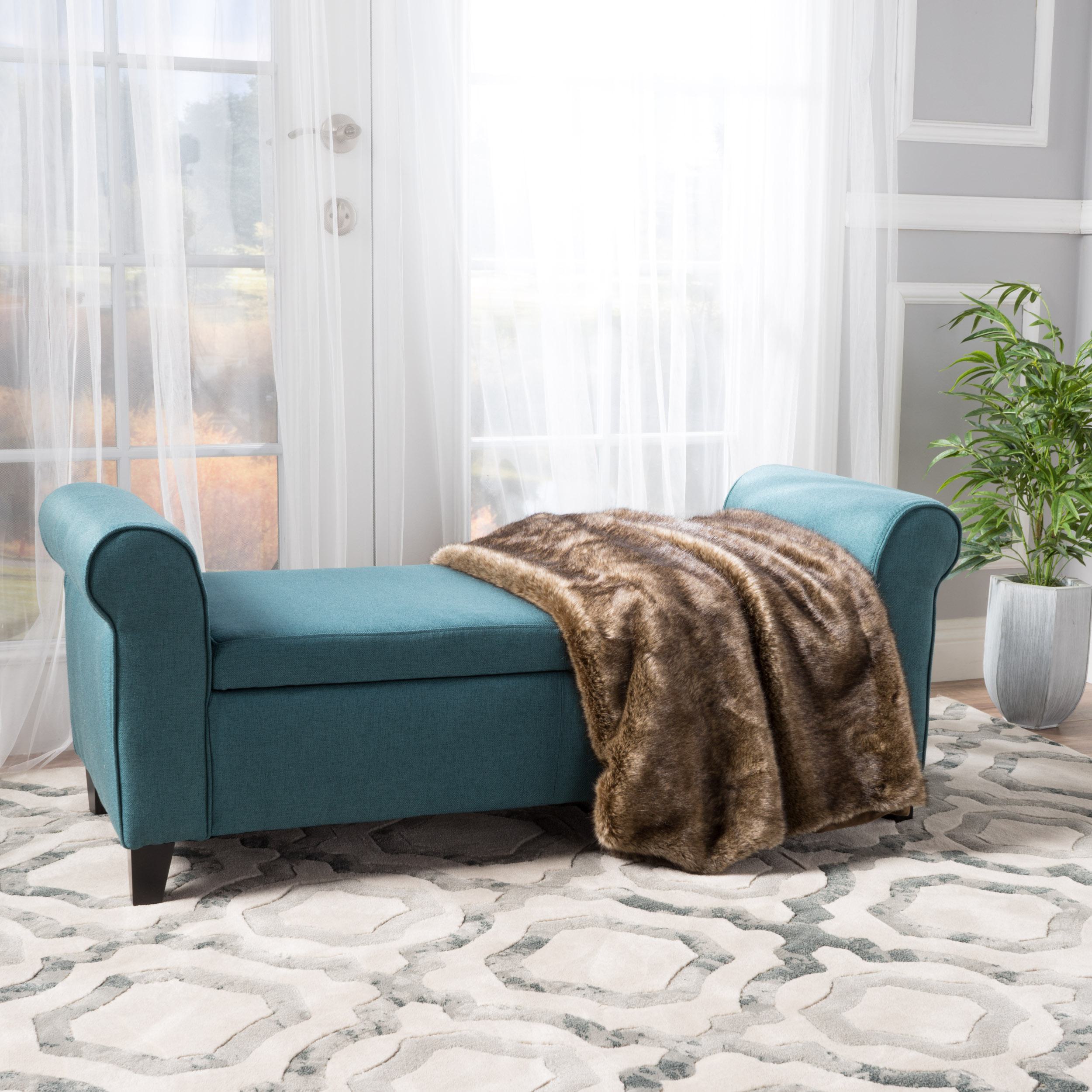 Upholstered Ottoman with Rolled Arms and Pressure Hinges, Armed Storage Bench, Ideal for Small Spaces, 50 L x 19.75 W x 20.5 H, Teal | Aosom.com