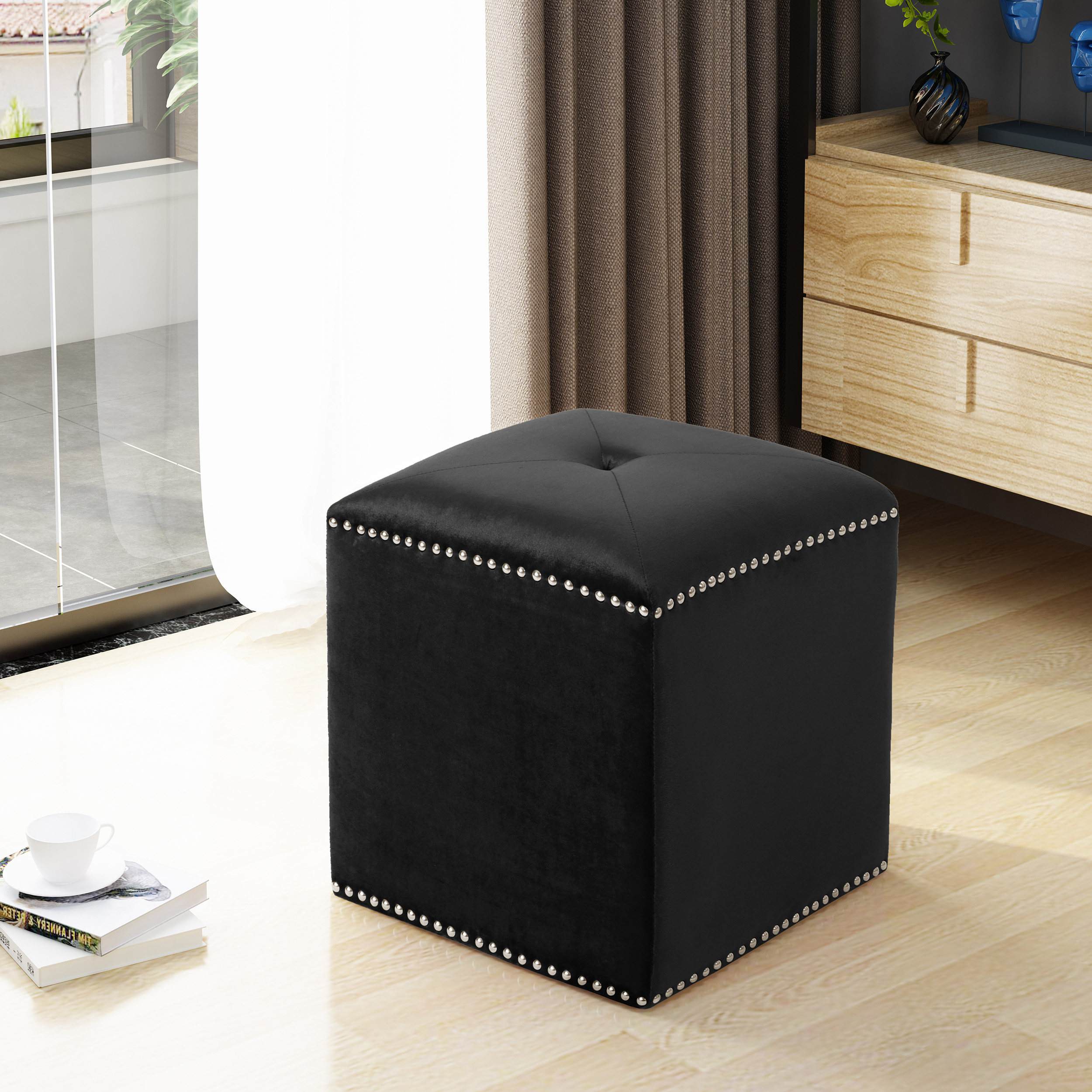 Button Tufted Square Fabric Ottoman with Cushioned Top, Sturdy Frame, and Space-Saving Design, 16.5 L x 16.5 W x 17 H, Black | Aosom.com