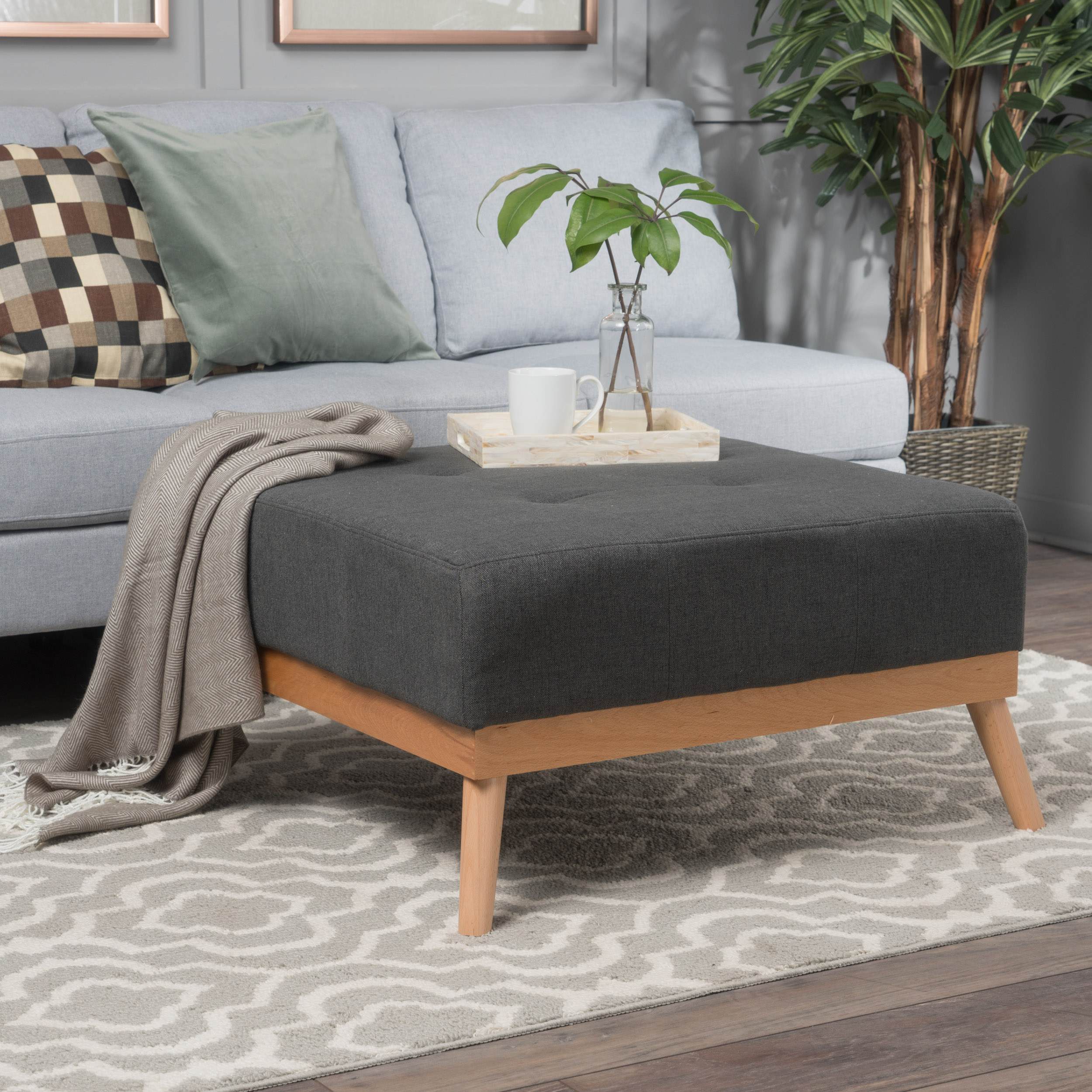 Fabric Ottoman with Cushioned Top, Sturdy Frame, and Space-Saving Design, Extra Seating or Footrest, 32 L x 32 W x 17.25 H, Dark Gray | Aosom.com