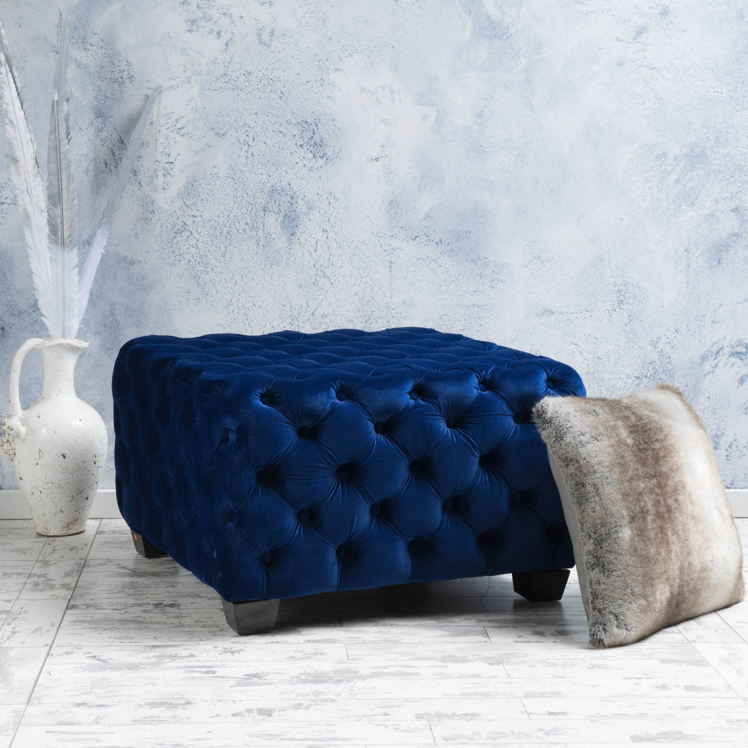 Velvet Ottoman with Cushioned Top, Sturdy Frame, and Space-Saving Design, Extra Seating or Footrest, 29 L x 29 W x 18.25 H, Navy Blue | Aosom.com