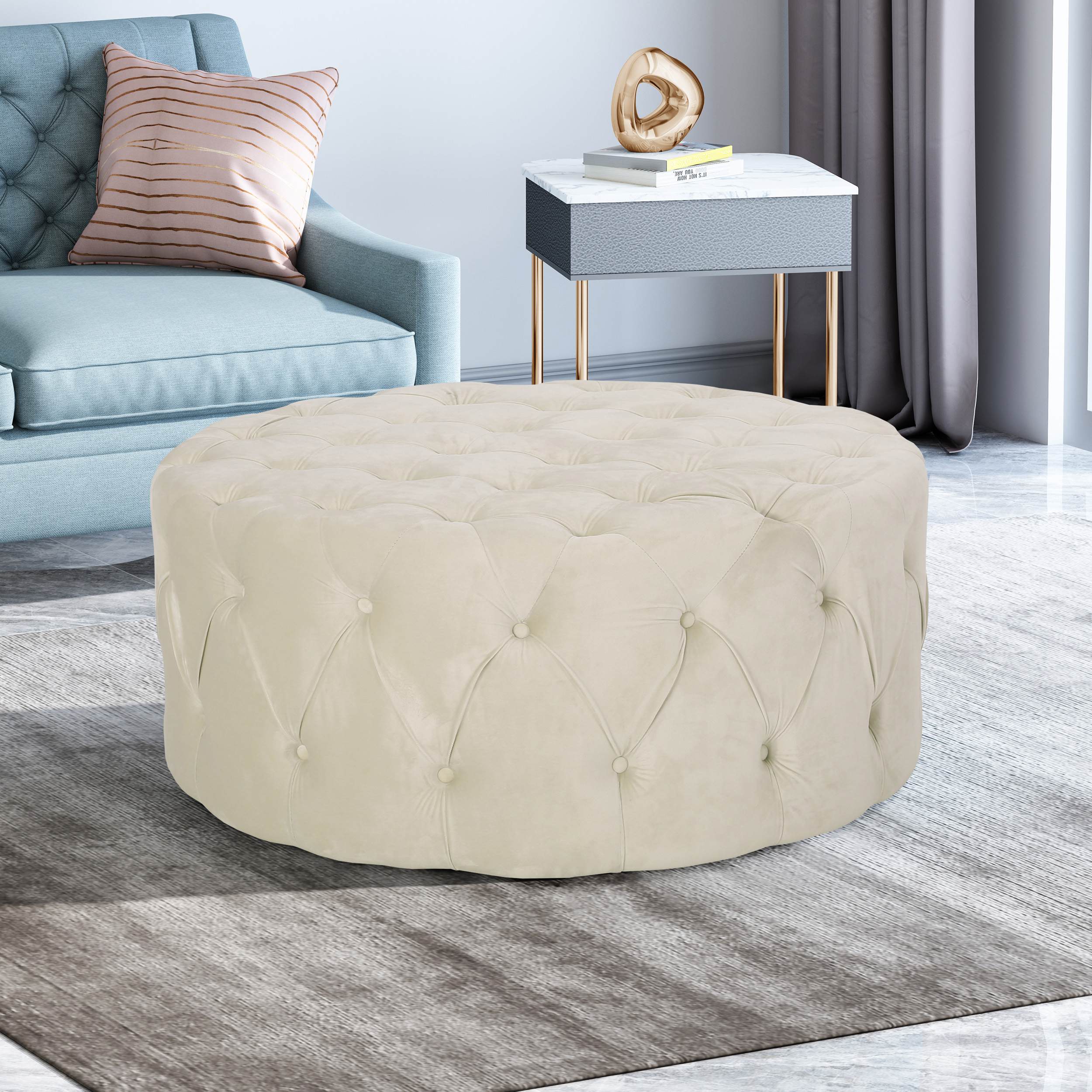Modern Glam Round Tufted Velvet Ottoman with Cushioned Top, Sturdy Frame, and Space-Saving Design, 40 L x 40 W x 17.5 H, Beige | Aosom.com