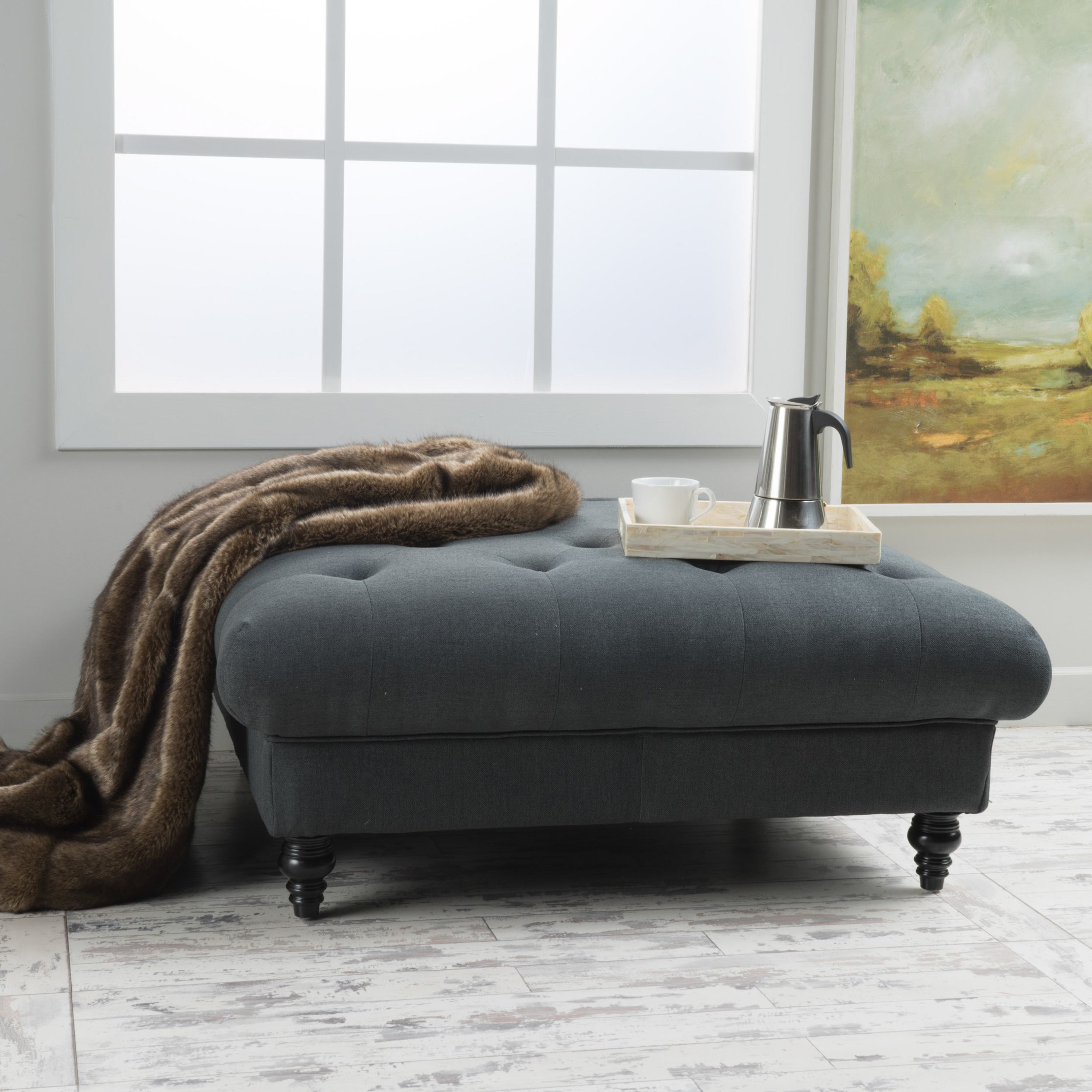 Tufted Ottoman with Upholstered Polyester Fabric Blend, Button Tufting, Turned Feet, Extra Seating, 40.5 x 40.5 x 16.9, Dark Gray | Aosom.com
