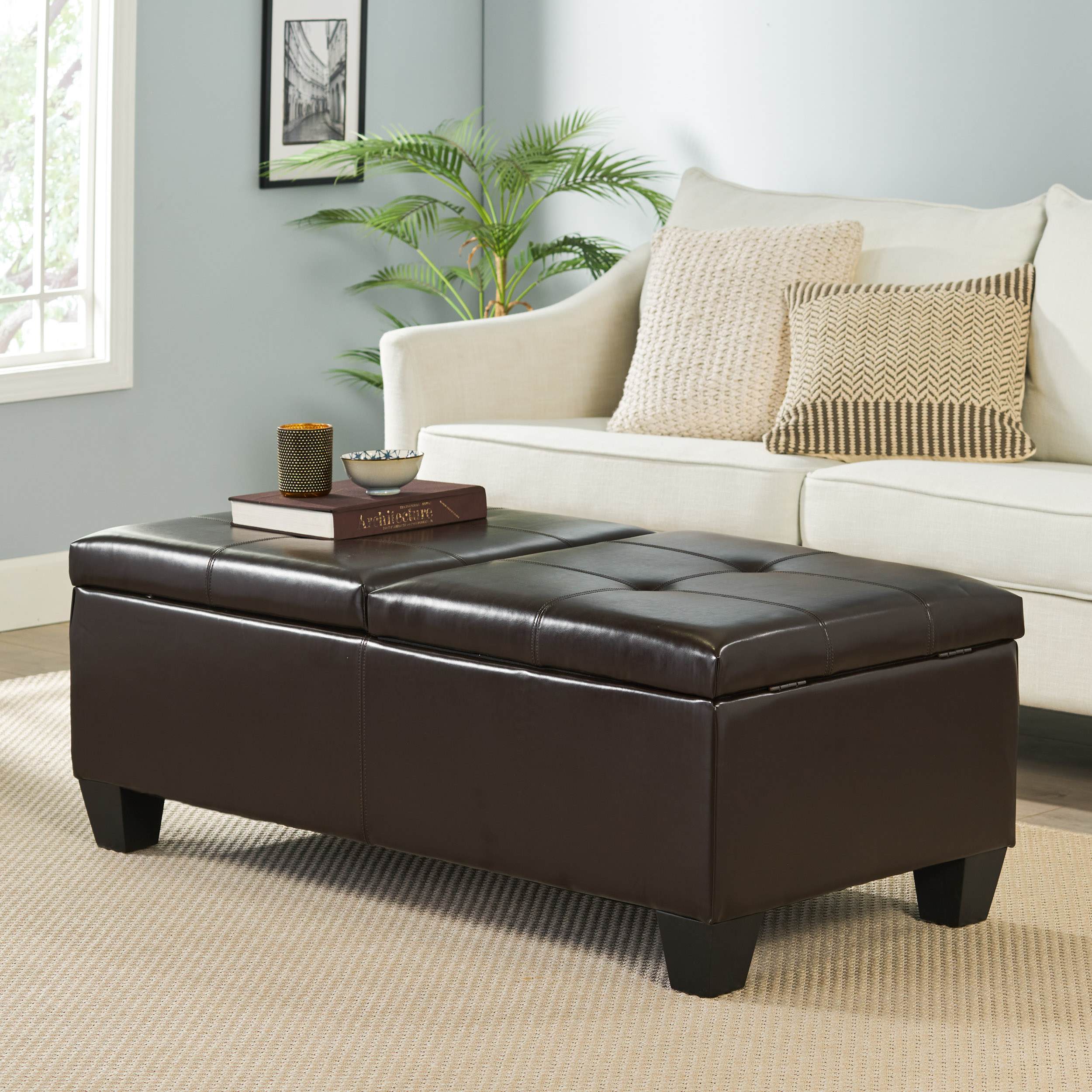 Double-Top Storage Ottoman with Soft Leather, Ample Interior Space, Matching Espresso Legs, for Bedroom, Living Room, Entryway, Brown | Aosom.com