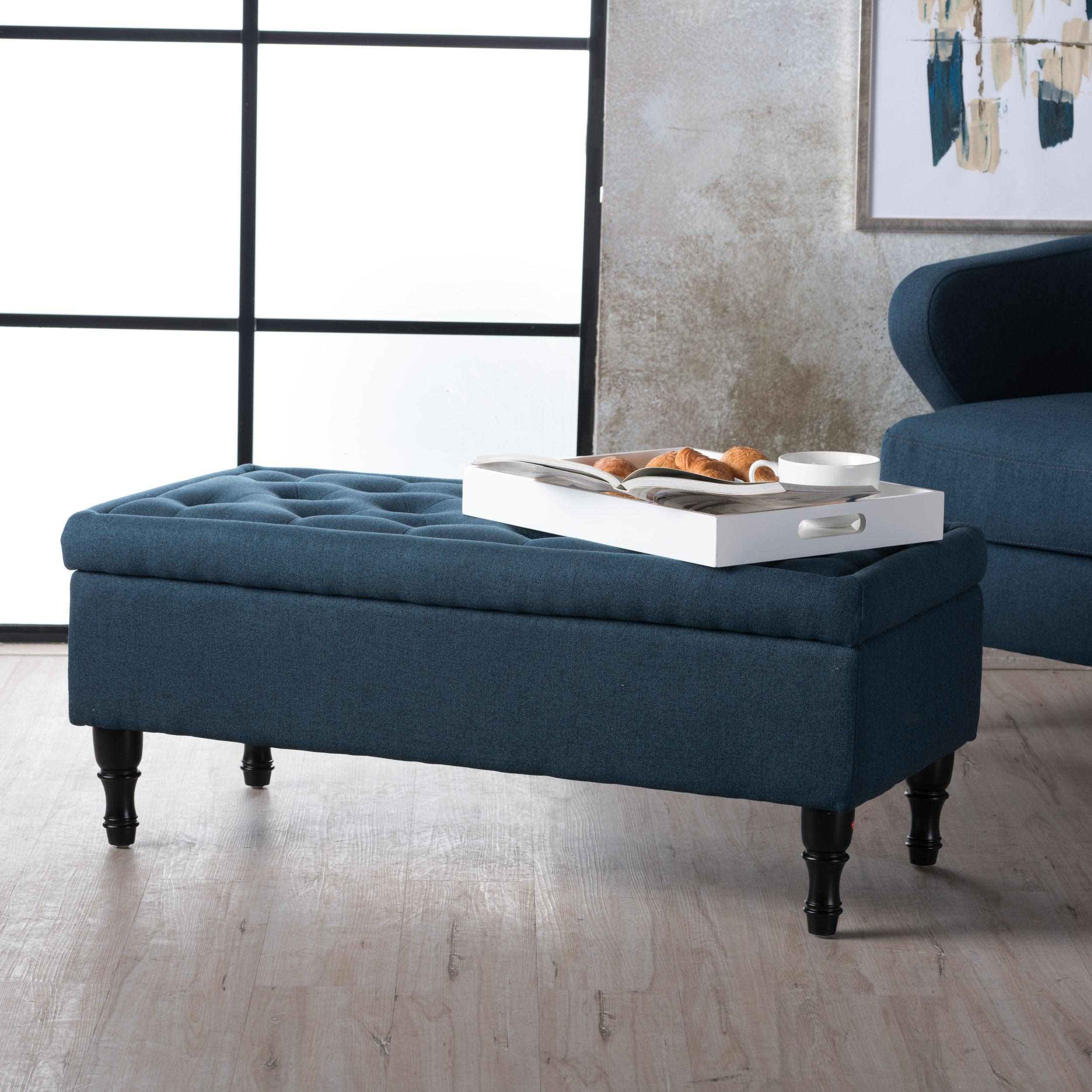 Storage Ottoman with Tufted Top and Dark Wooden Legs, Multi-Functional Suede Upholstery, 40.75 L x 19.25 W x 17.25 H, Navy Blue | Aosom.com