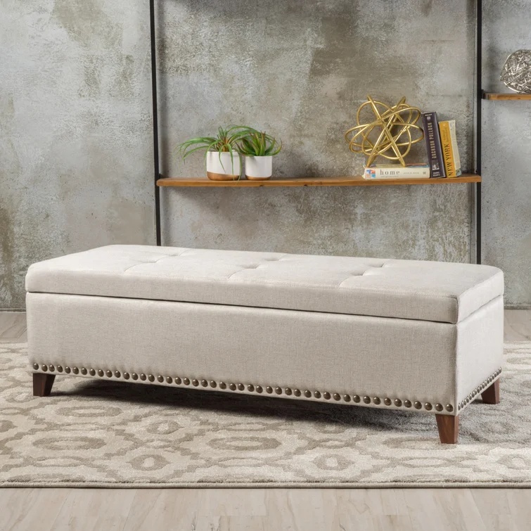 Contemporary Storage Ottoman with Tufted Waffle Stitching, Nailhead Trim, Ample Storage Space, 50.85 L x 19.65 W x 15.75 H, Beige | Aosom.com