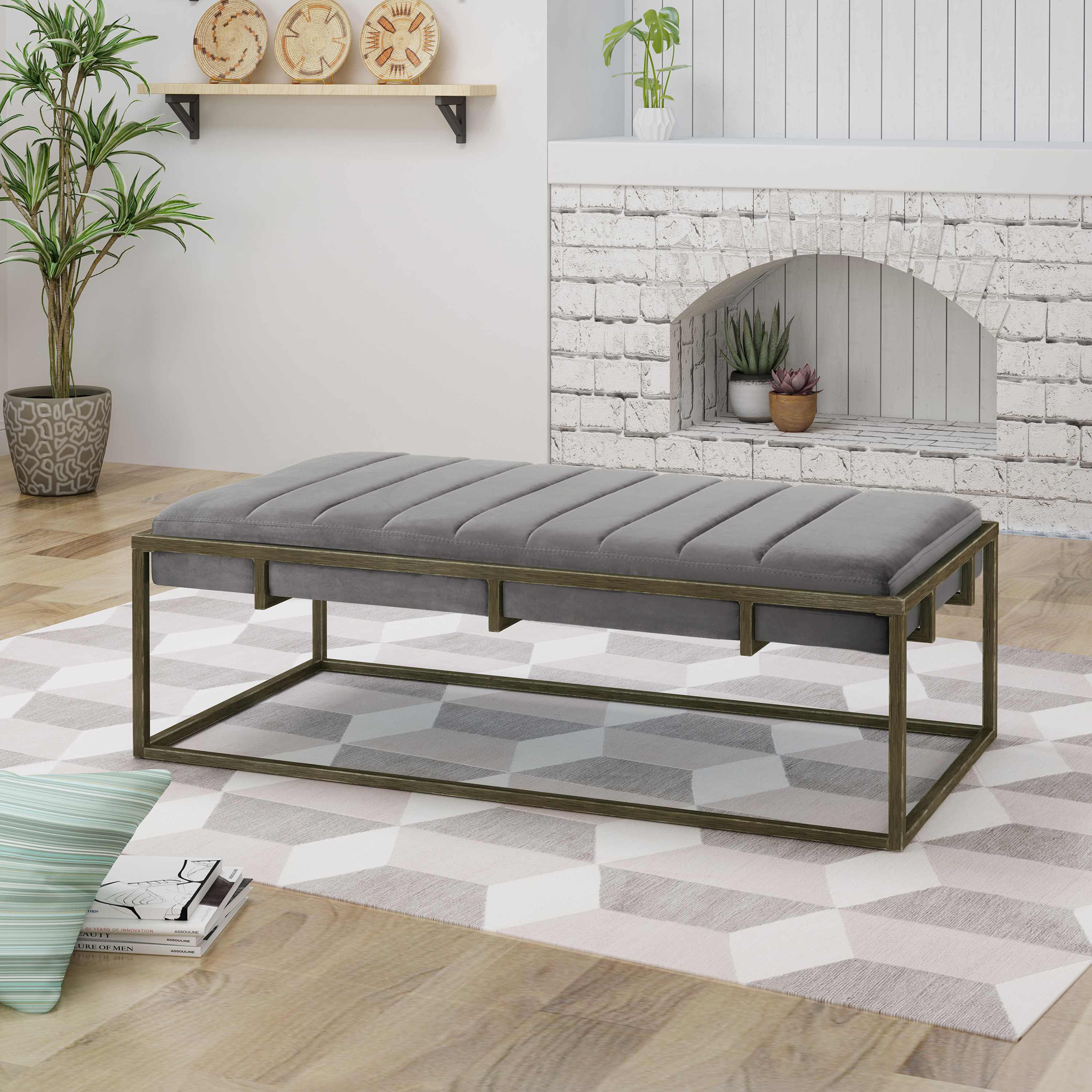 Mid Century Modern Rectangle Fabric Ottoman Bench with Cushioned Top, Sturdy Frame, and Space-Saving Design, 49 L x 25 W x 16 H, Grey | Aosom.com