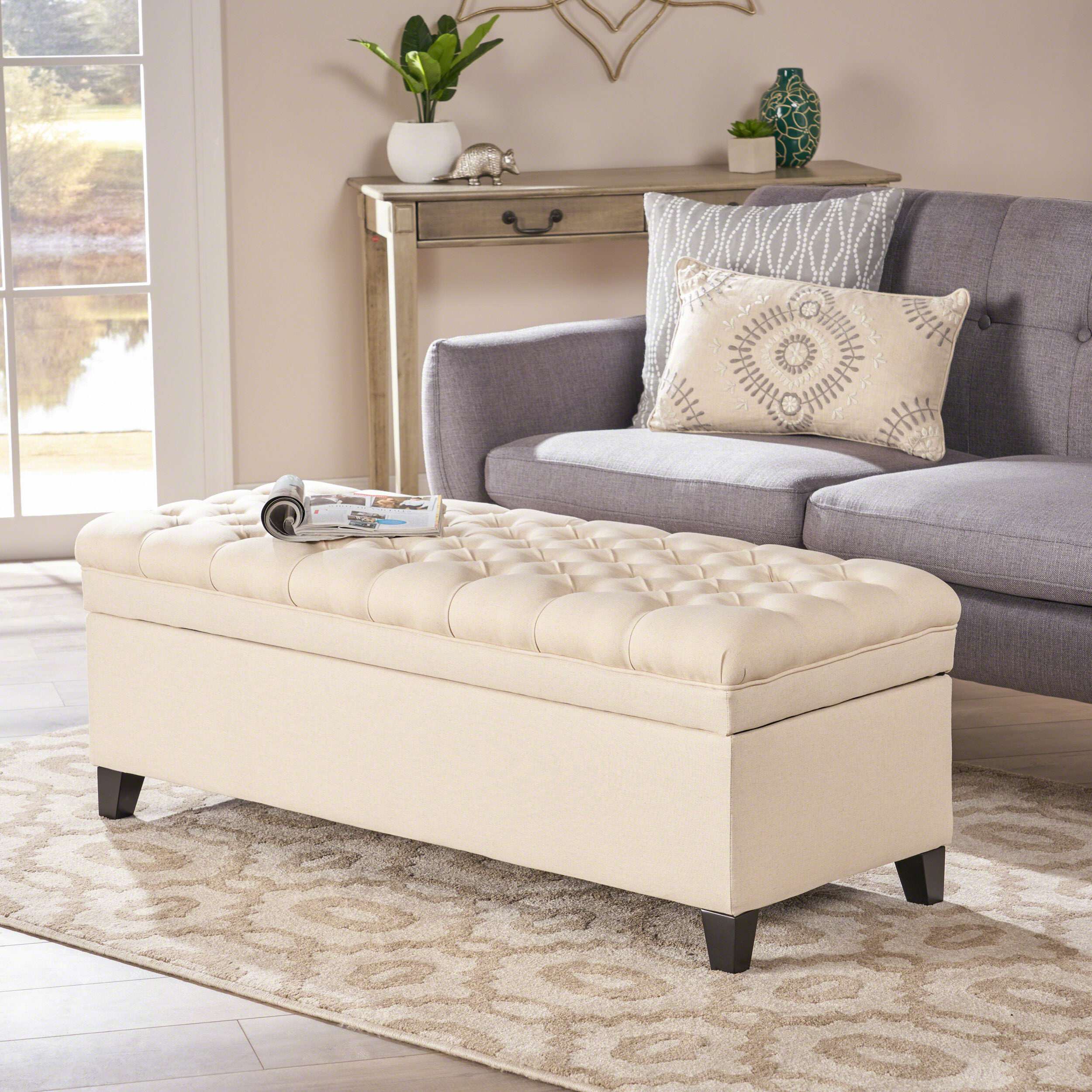 Fabric Storage Ottoman with Birch Legs, Hand-Tufted Fabric, Spot Clean, Extra Seating or Footrest, 50 L x 20.5 W x 18.25 H, Beige | Aosom.com
