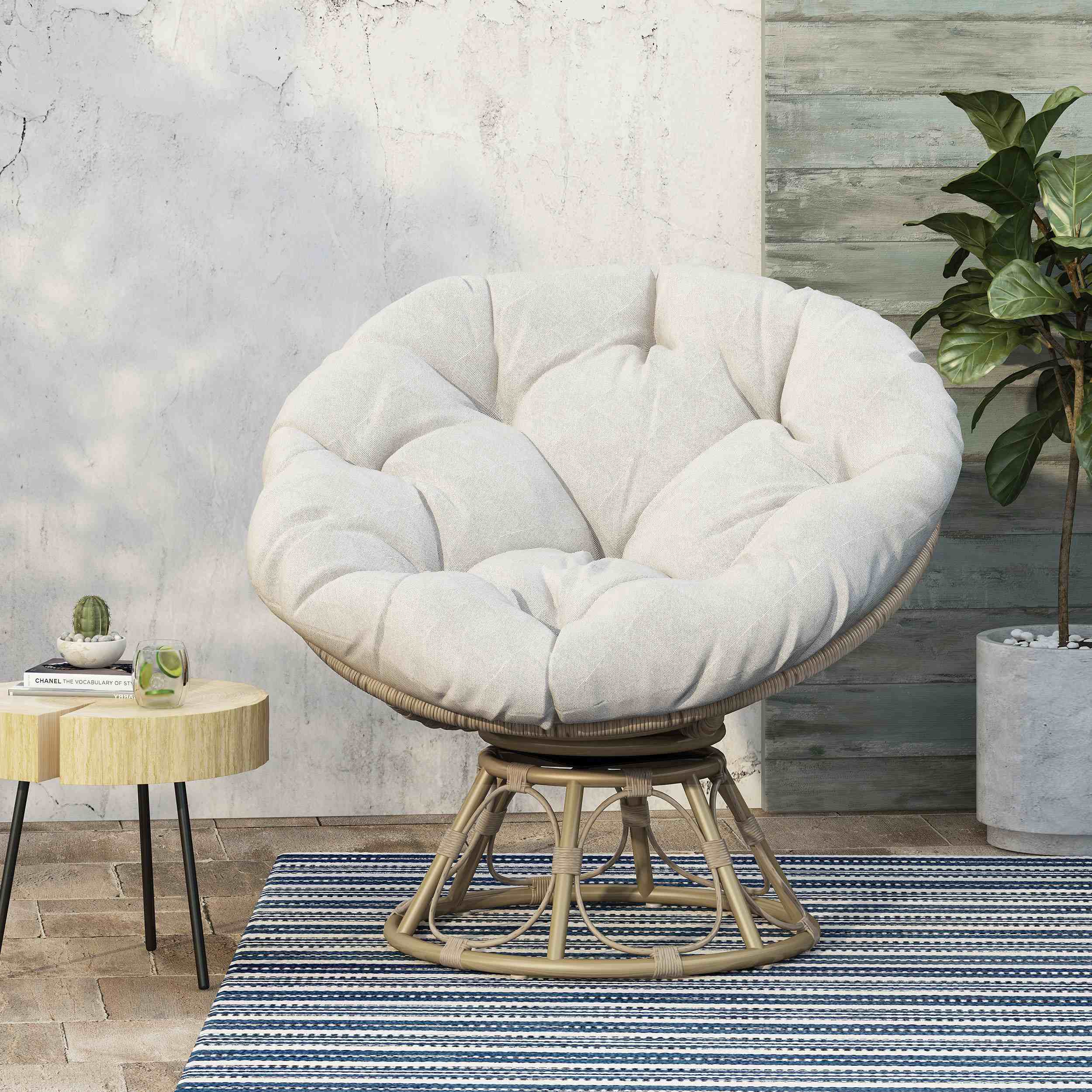 Outdoor Patio Wicker Lounge Chair with 360-Degree Swivel Function, Papasan Chair, Faux Rattan Frame, Polyester Cushion, Beige+Light Brown | Aosom.com