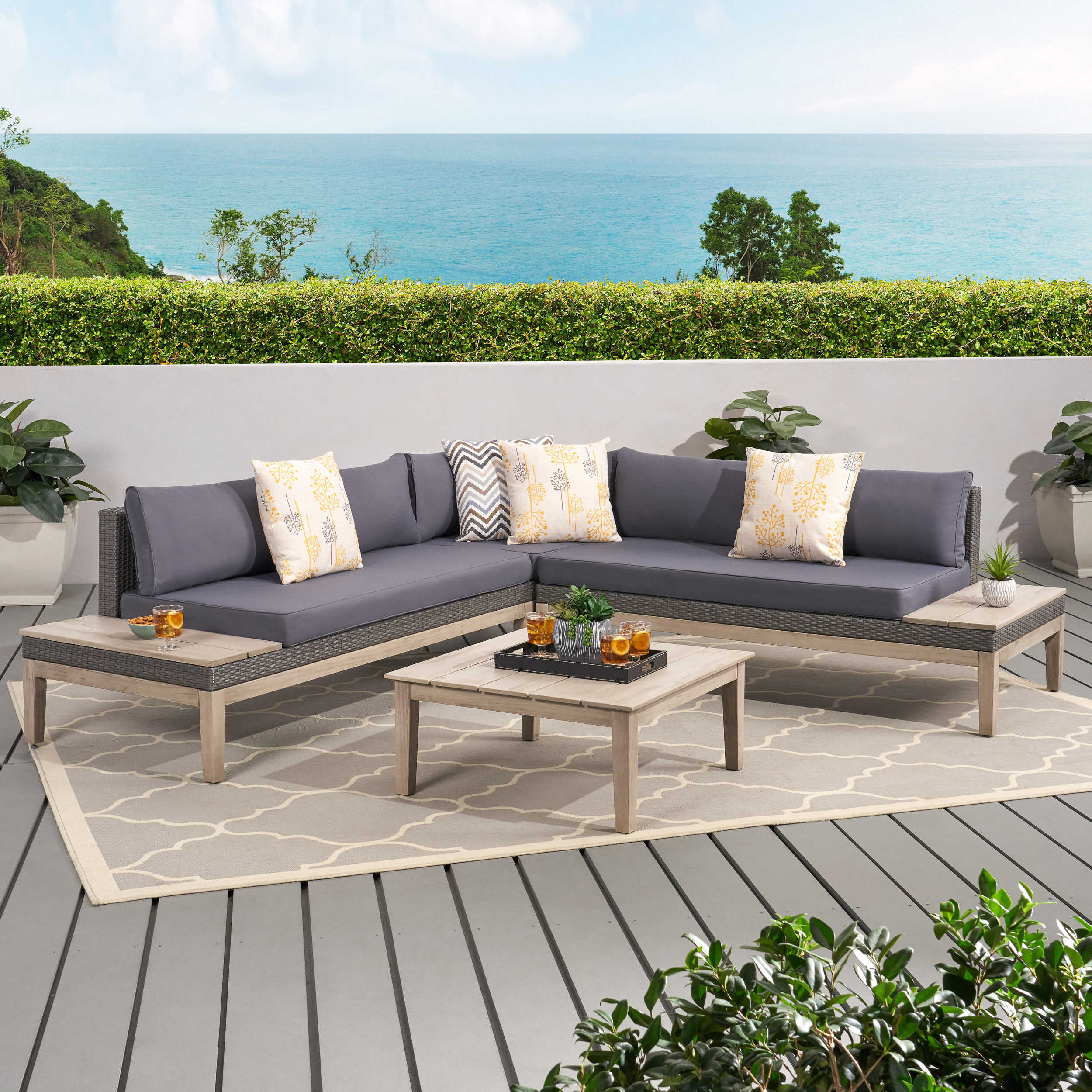 Loft Outdoor Acacia Wood and Wicker 5 Seater Sectional Sofa Set with Water-Resistant Cushions, Built-In Side Tables, Durable Rattan, Grey | Aosom.com