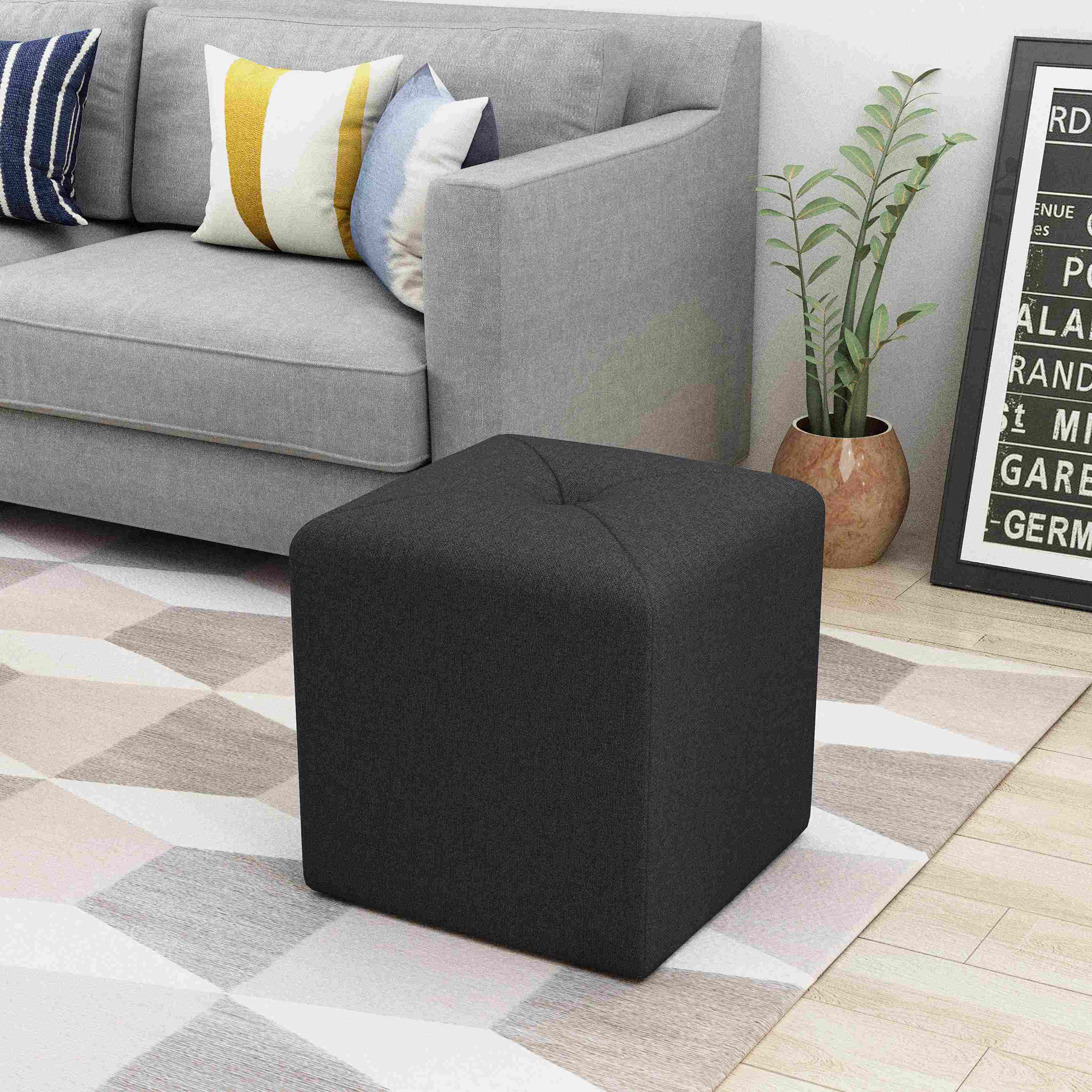 Button Tufted Square Fabric Ottoman with Cushioned Top, Sturdy Frame, Space-Saving Design, 16.5 L x 16.5 W x 17.25 H, Charcoal grey | Aosom.com