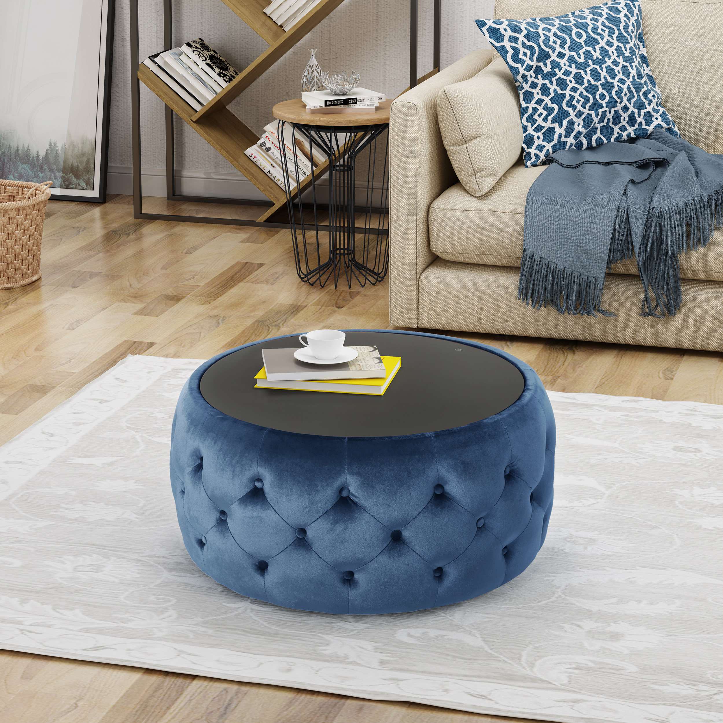 Button Tufted Square Fabric Ottoman with Cushioned Top, Sturdy Frame, and Space-Saving Design, 30 L x 30 W x 14.5 H, Dark Blue | Aosom.com