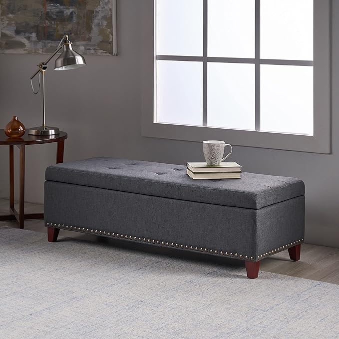Contemporary Storage Ottoman with Tufted Waffle Stitching, Nailhead Trim, Ample Storage Space, 50.85 L x 19.65 W x 15.75 H, Dark Gray | Aosom.com