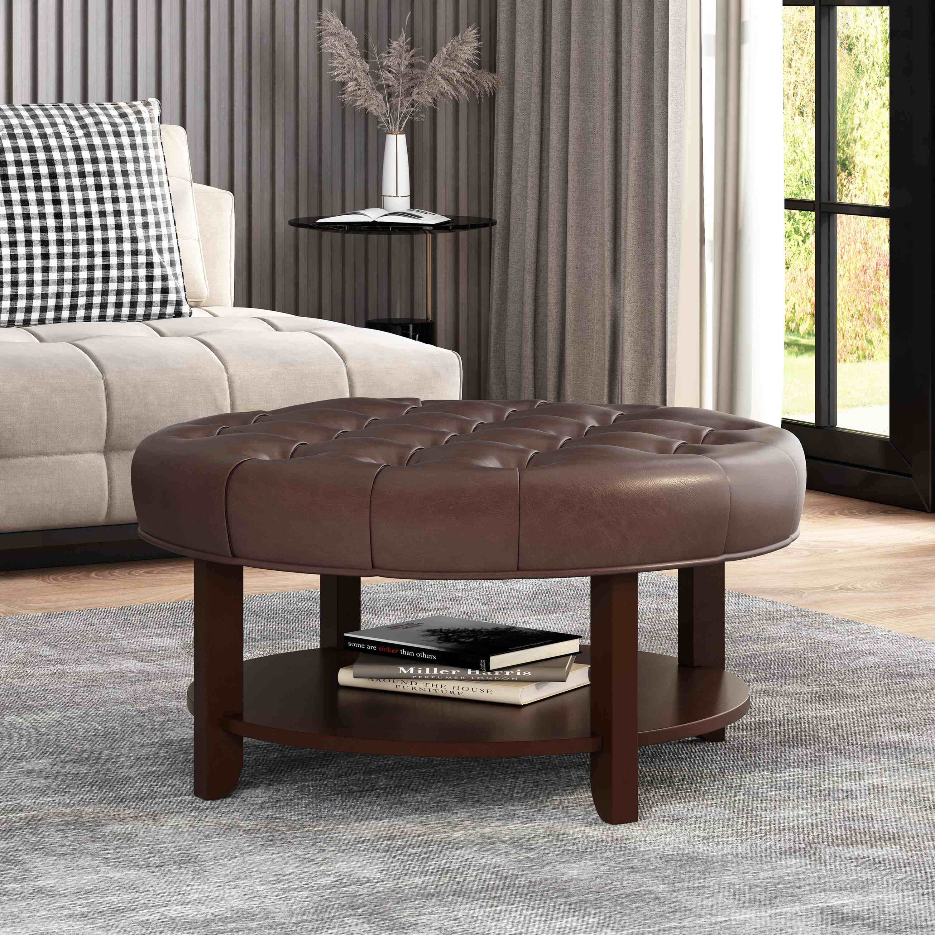 Round Button Tufted Cocktail Ottoman with Faux Leather Upholstery, Rubberwood Frame, and Open Shelf, Contemporary Design, Dark Brown | Aosom.com