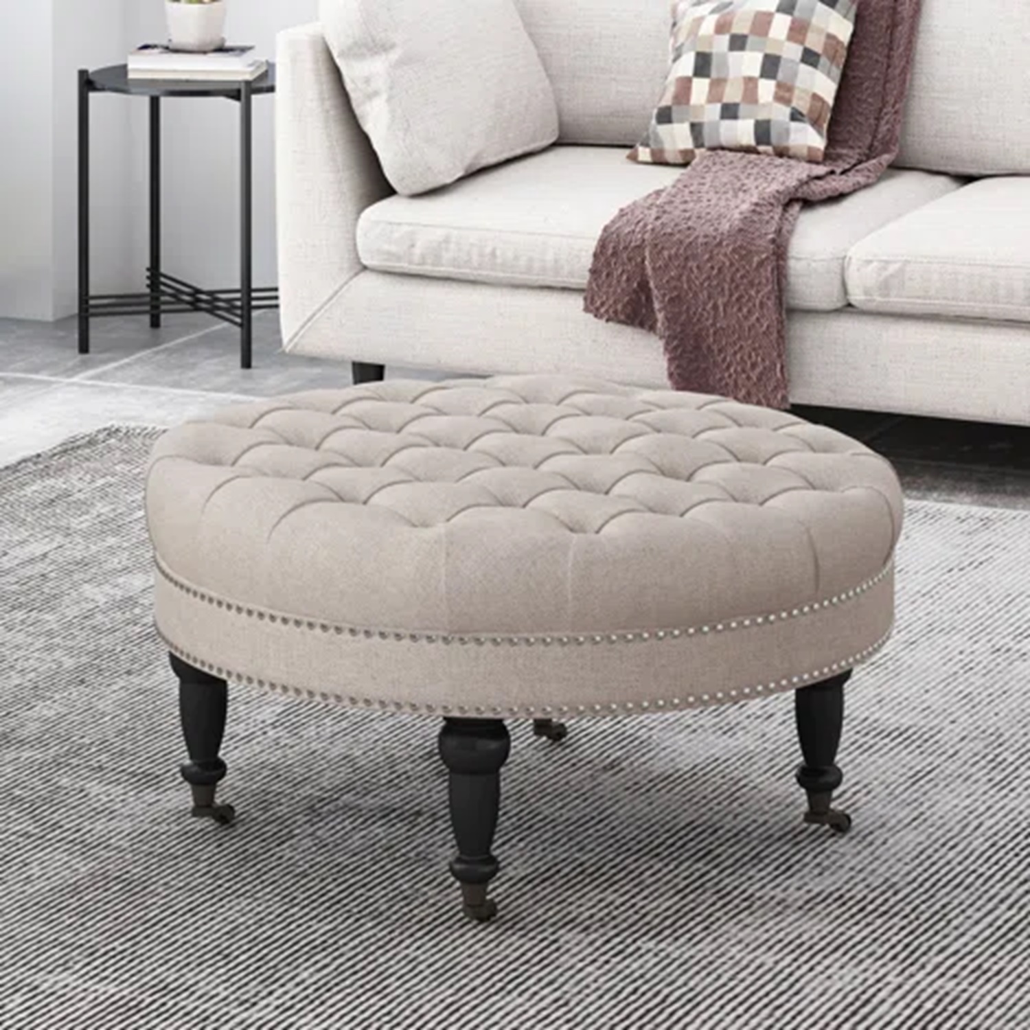 Contemporary Upholstered Round Ottoman with Rolling Casters and Birch Wood Legs, Button Tufted Diamond Stitch, Nailhead Accents, Wheat | Aosom.com
